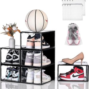 Cajas de almacenamiento de zapatos transparentes apilables, paquete de 6 organizadores de zapatos para armario, caja de tenis, ajuste fuerte y Cajas de almacenamiento de zapatos transparentes apilables, paquete de 6 organizadores de zapatos para armario, caja de tenis, ajuste fuerte y