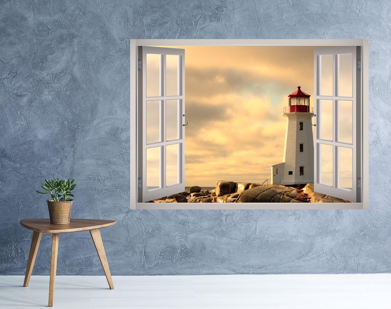 Calcomanía de pared 3D con ventana de faro extraíble, vinilo para decoración del hogar, West Mountain W33 (mediano (32 pulgadas de ancho x 23