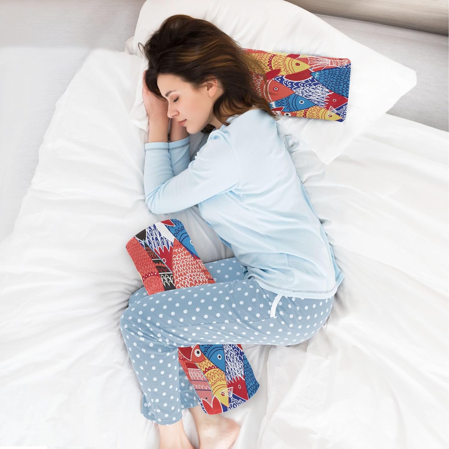 KLL Bright Colorful Fish on Blue Bolster Pillow Cervical Neck Roll Pillow Cover Soft Round Pillow Foam Cylinders Legs Support Pillow