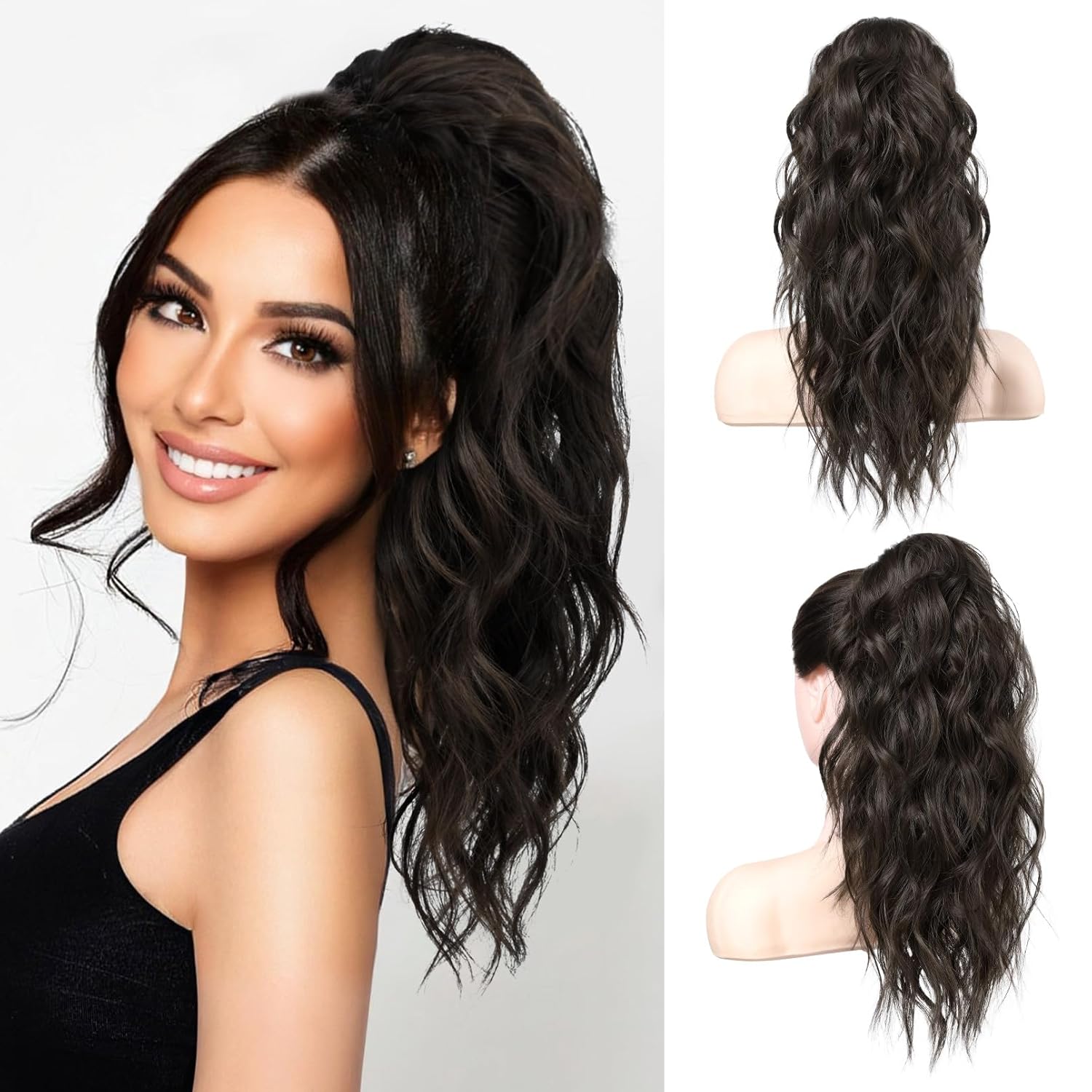 LONAI Extensión de cola de caballo, extensiones de cola de caballo de 18 pulgadas con clip de garra ondulada ZJ001, longitud al hombro, extensiones