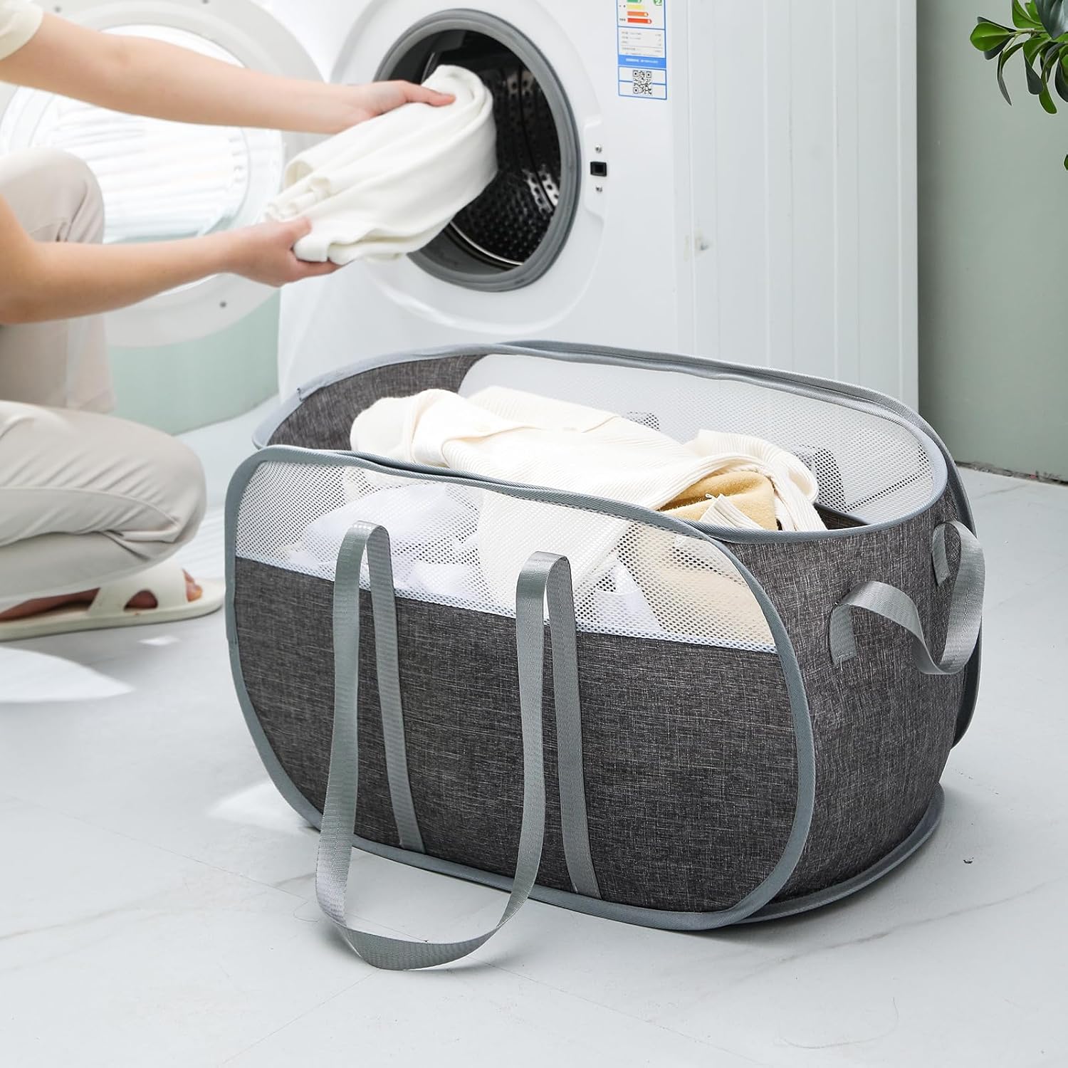 Cesta de lavandería desplegable, de malla, con correas extendidas para los hombros, asas resistentes y tela catiónica de primera calidad (gris)