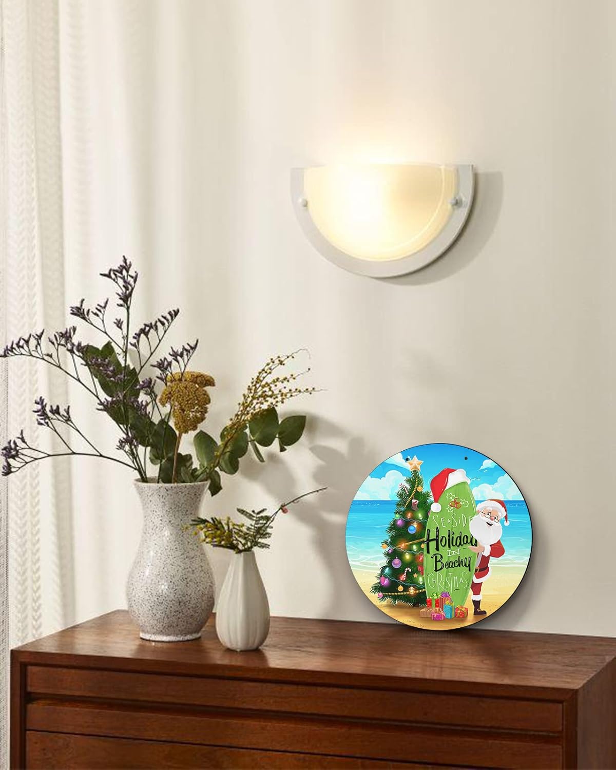 Letrero de bienvenida para decoración de puerta delantera, árbol de Navidad, Papá Noel, tabla de surf, coronas de 10 pulgadas, decoración navideña