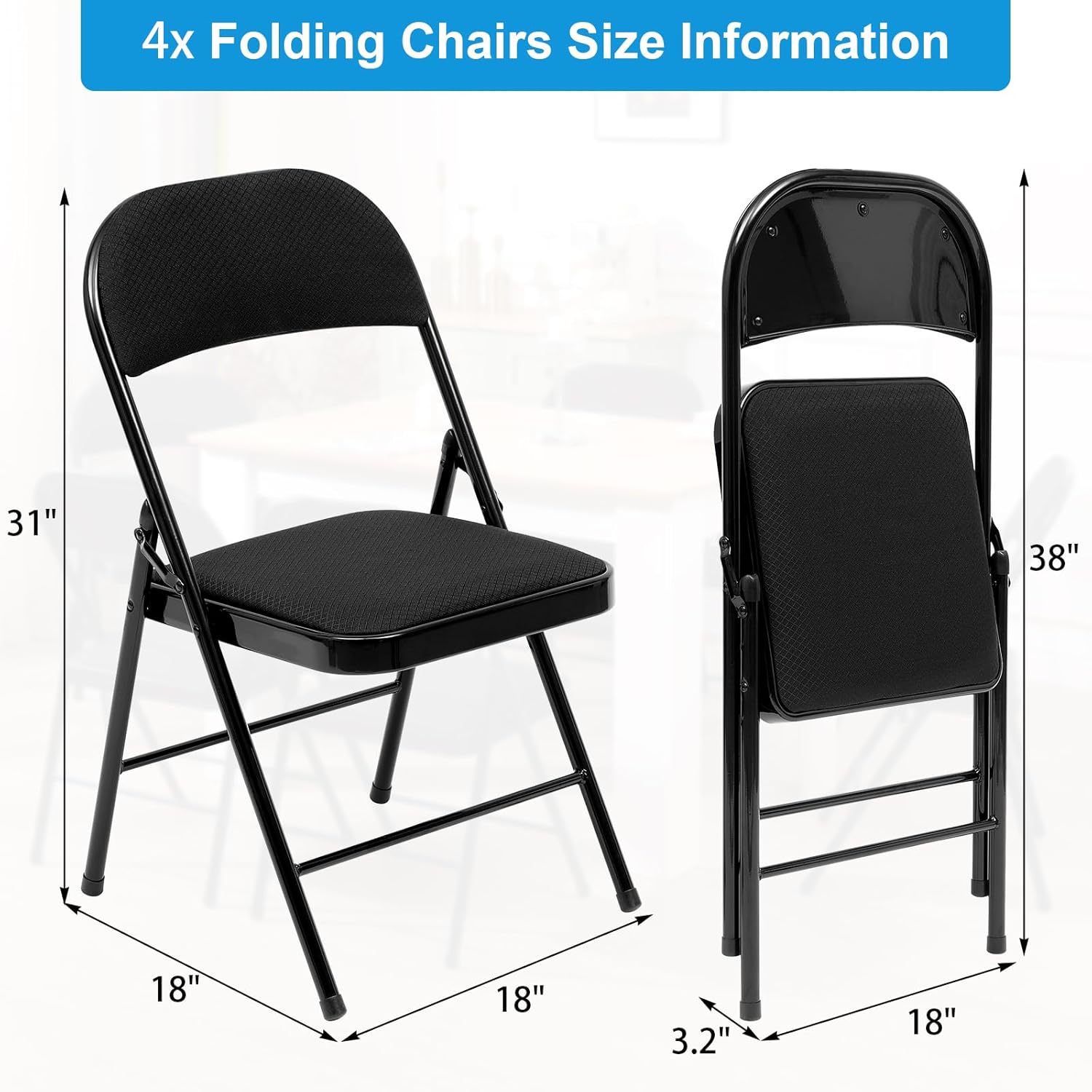 Fenbeli Sillas plegables con asientos acolchados, paquete de 4 sillas plegables acolchadas con marco de acero para eventos, oficina, boda, fiesta,