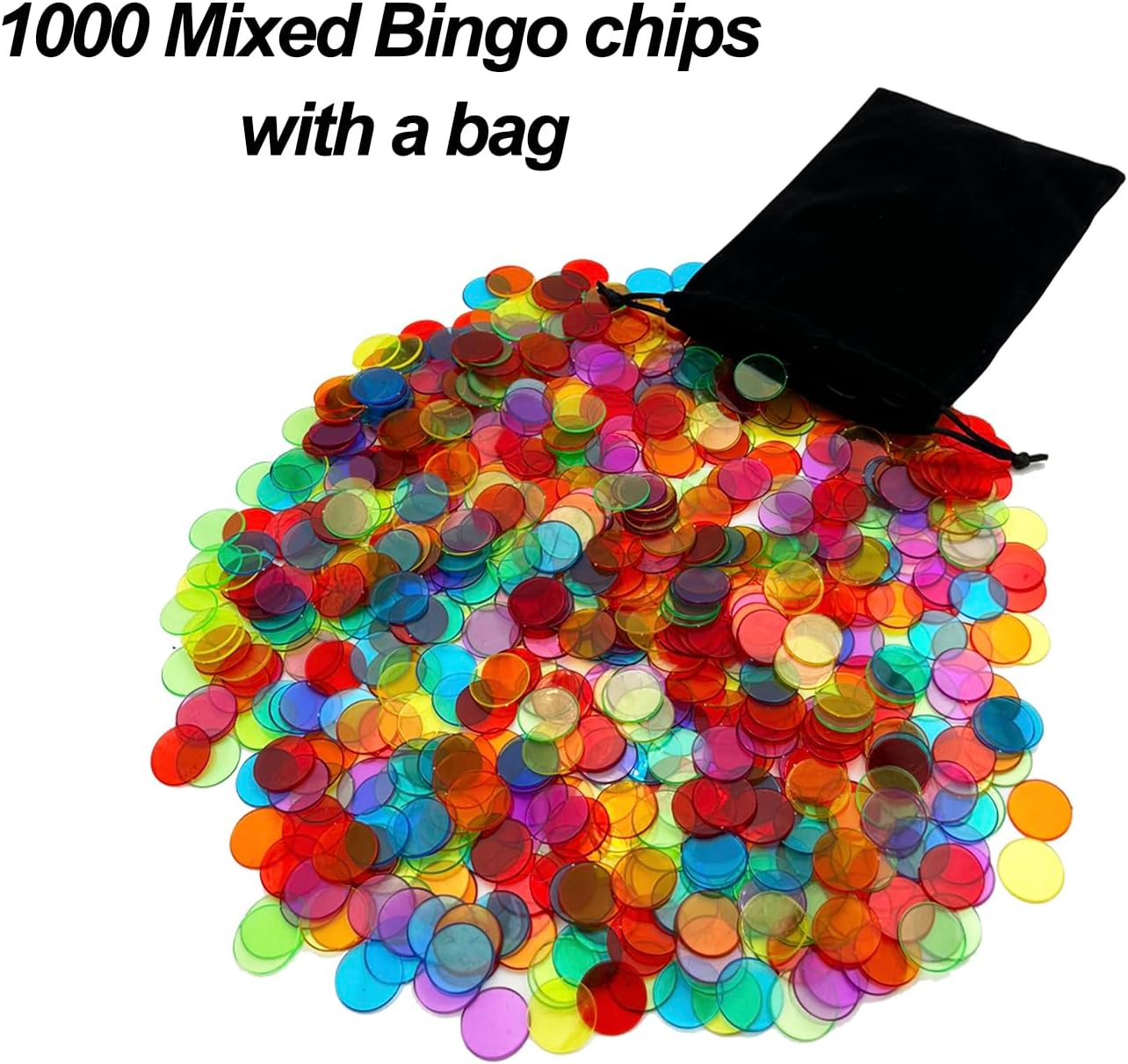 Juego de bingo – 1000 fichas coloridas con una bolsa, 100 tarjetas de bingo y mazo jumbo de tarjetas de llamada para adultos, personas mayores y