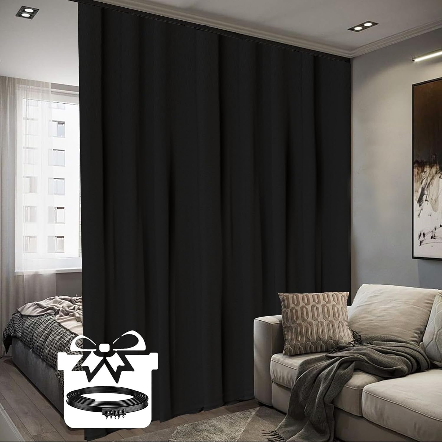 Hoeflife Cortina divisora de habitación con riel de techo flexible, cortinas de techo de privacidad total, opacas, a prueba de sonido, para sala de