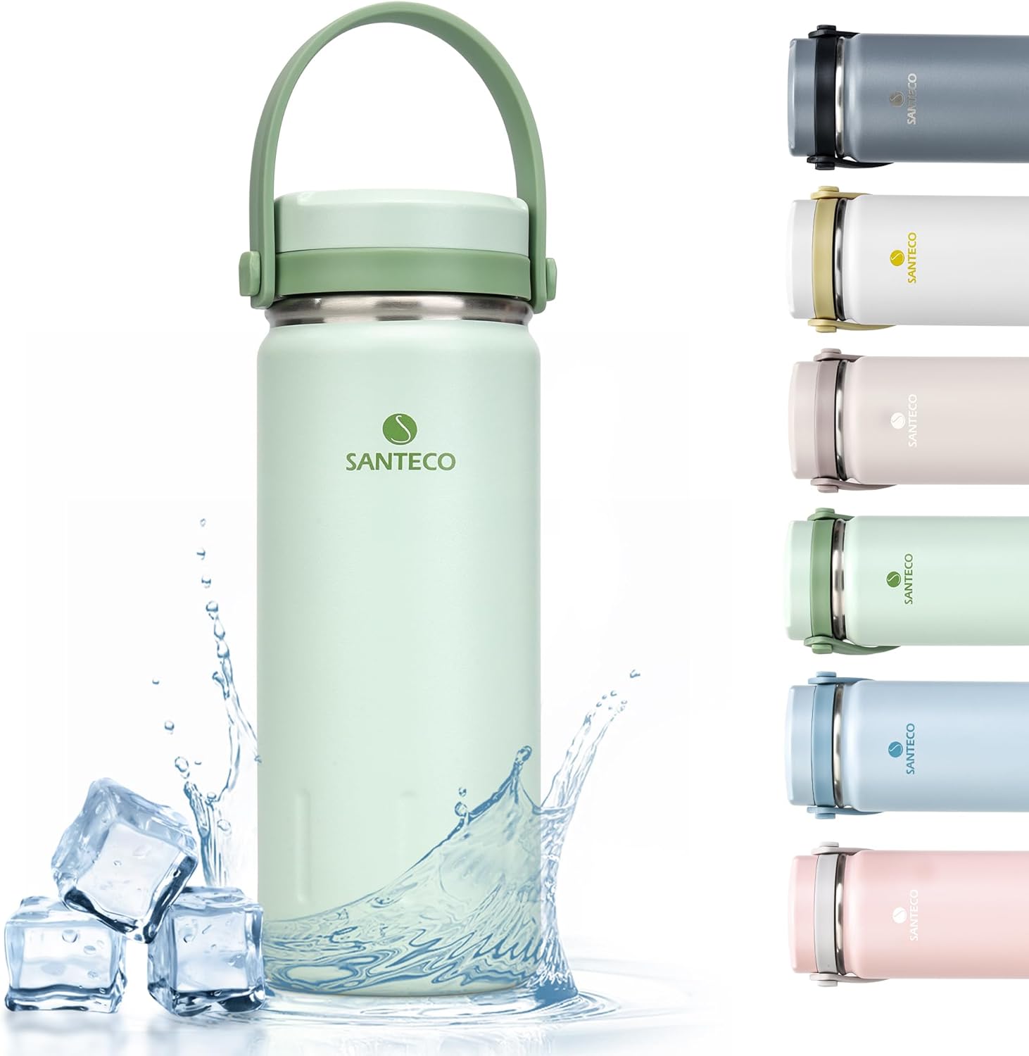 SANTECO Botella de agua de acero inoxidable de 13 onzas con asa, doble pared aislada, botella de agua con personalidad elegante, boca ancha, diseño