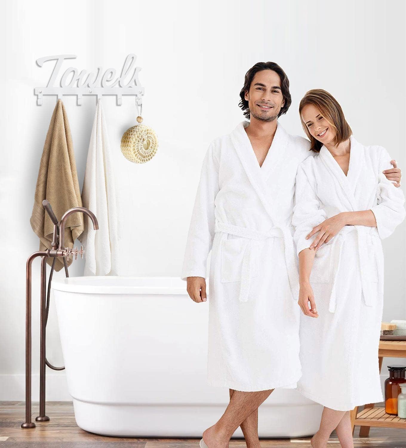 Livelab Toallero, toallero para baño montado en la pared, 6 ganchos blanco para ahorrar espacio en el baño, impermeable, resistente al óxido, fácil