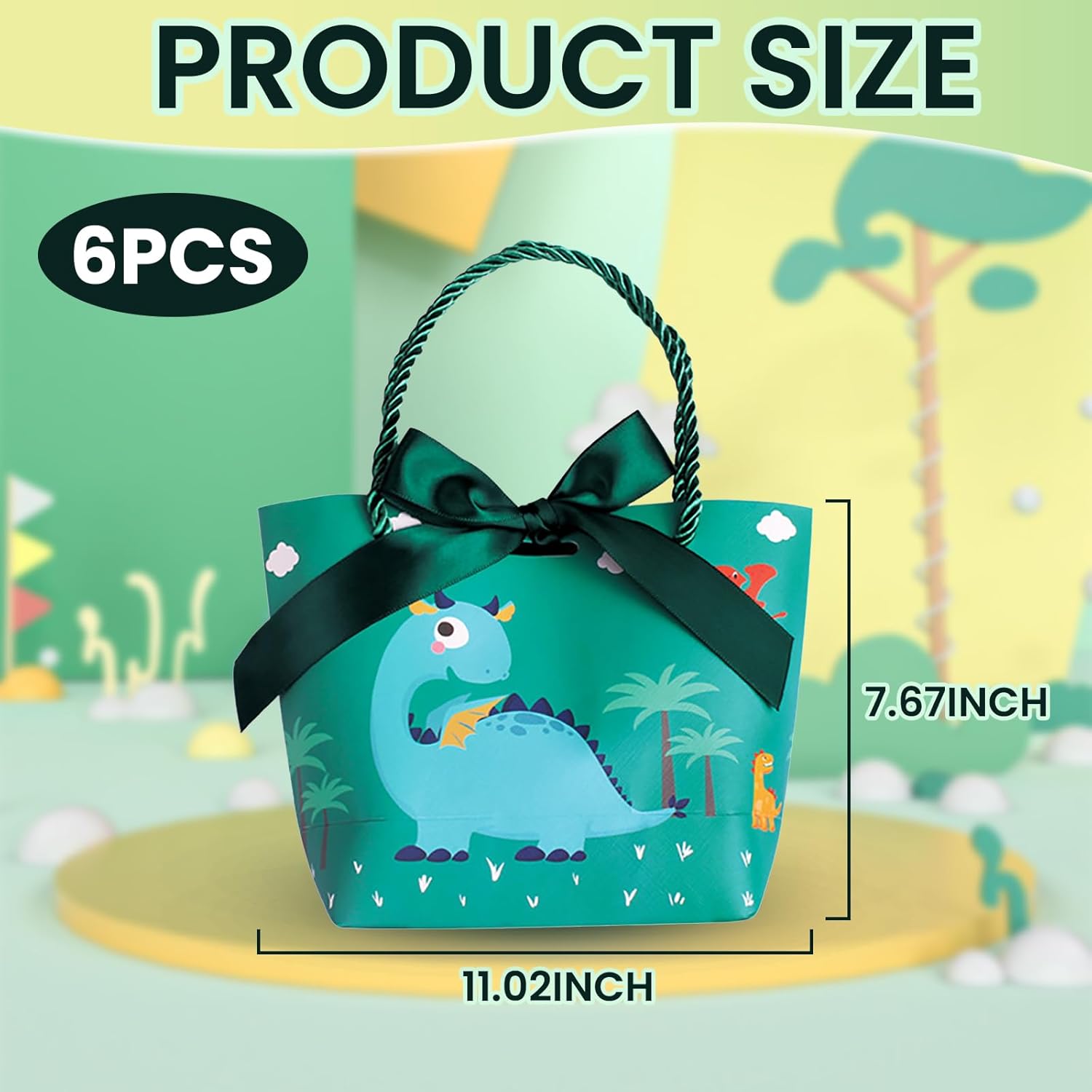 Paquete de 6 bolsas de regalo de dinosaurio con asas y lazo, bolsas de papel de dinosaurio verde para fiestas, suministros de fiesta para