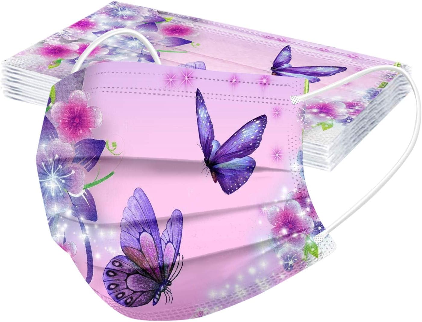 BOFFO 50 bandanas faciales con patrón de mariposa con filtro facial de 3 capas con cinta elástica para las orejas, transpirables con patrón de