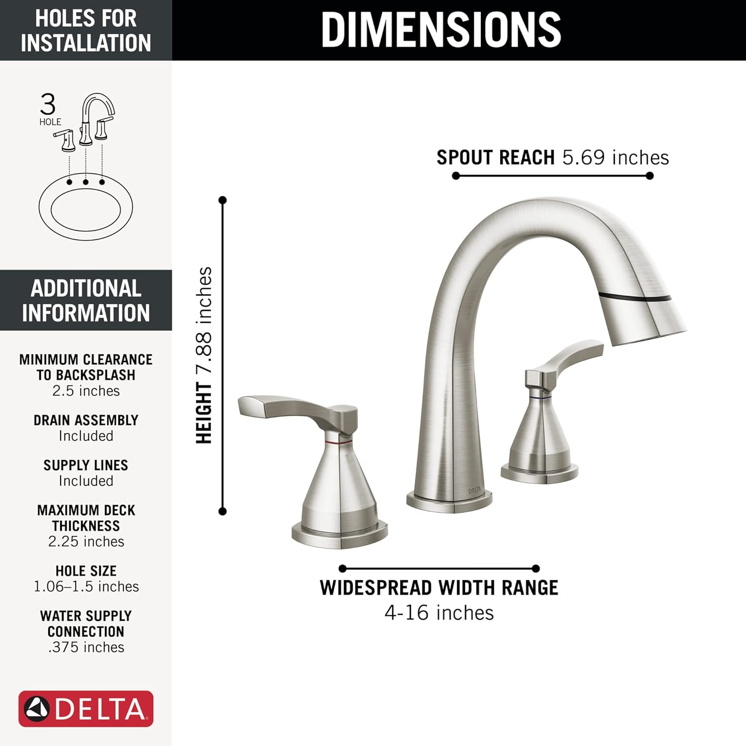 Delta Faucet Stryke Lumicoat 35775-SSPD-PR-DST – Grifo de baño extraíble para baño, níquel cepillado, 3 agujeros, grifo de lavabo de baño con base