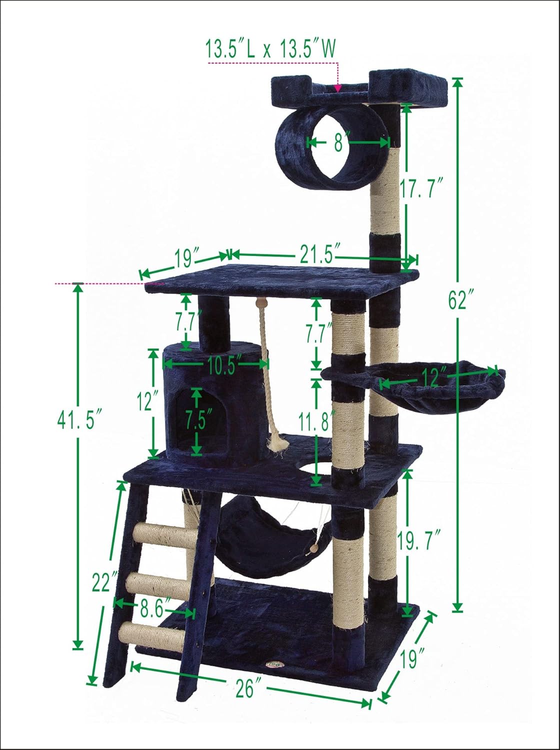 Go Pet Club Muebles de gato para árbol, 62 pulgadas de alto, Azul