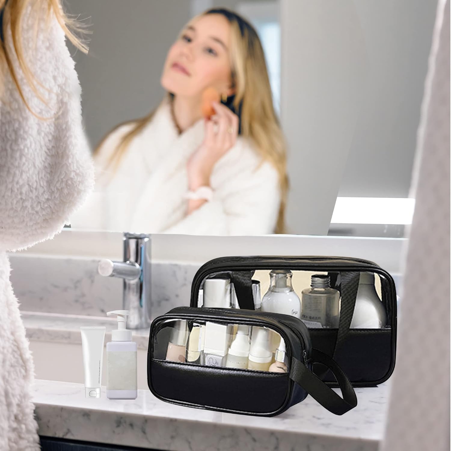 Bolsa de maquillaje transparente, juego de 2 bolsas de cosméticos, bolsa de maquillaje de viaje de PVC transparente, bolsa de aseo impermeable linda