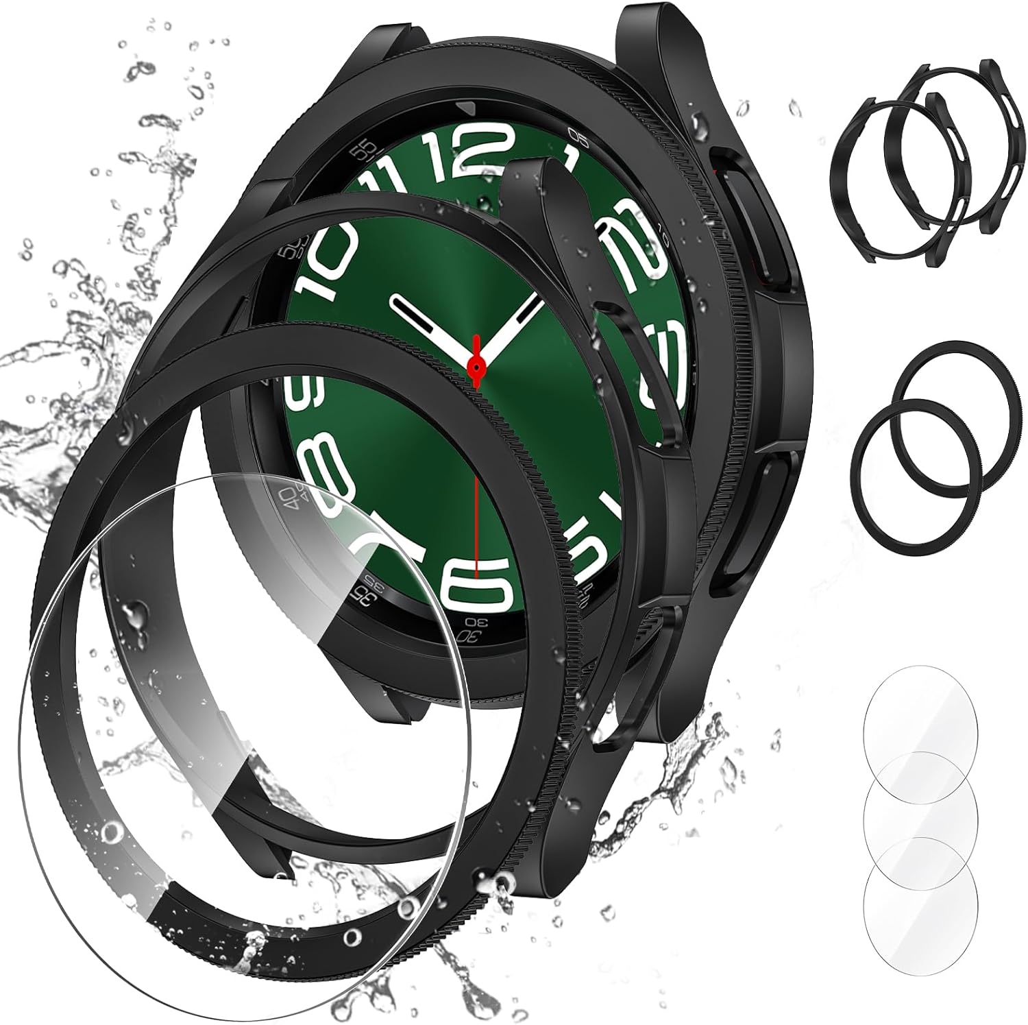 Goton Paquete de 2+2+3 3 en 1 para Samsung Galaxy Watch 6 Classic de 1.772 pulgadas, protector de pantalla y funda, paquete de 3 protectores de