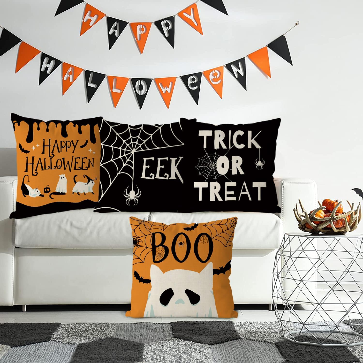 Juego de 4 fundas de almohada de Halloween de 20 x 20 pulgadas, fundas de almohada de Halloween, fantasma, gato, vacaciones, casa de campo, para