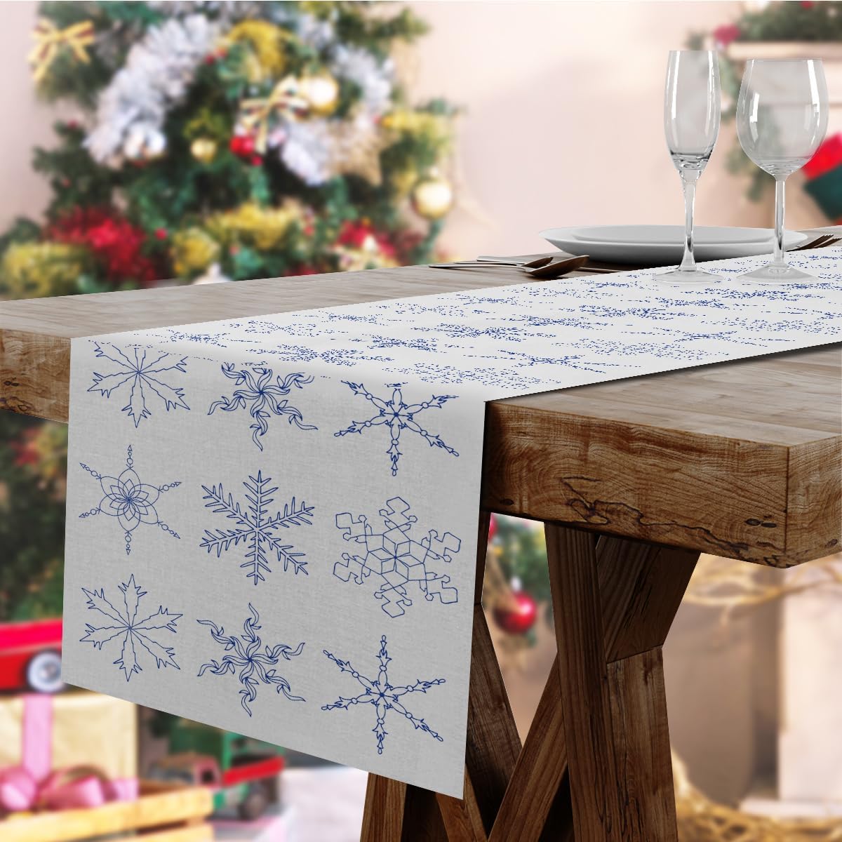 Camino de mesa de Navidad con copos de nieve para decoración de mesa de comedor, camino de mesa de Navidad para fiesta, boda, despedida de soltera,