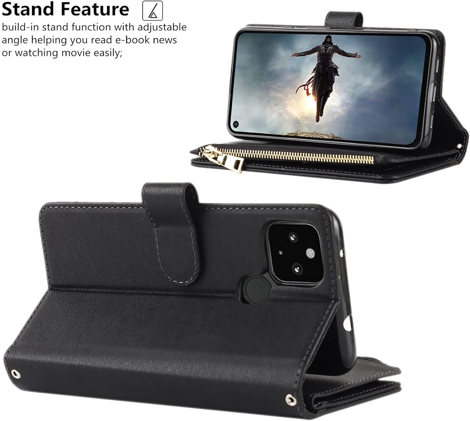 iCoverCase Funda tipo cartera para Google Pixel 4a 5G con soporte para tarjetas, función atril, funda de piel sintética con cordón ajustable para