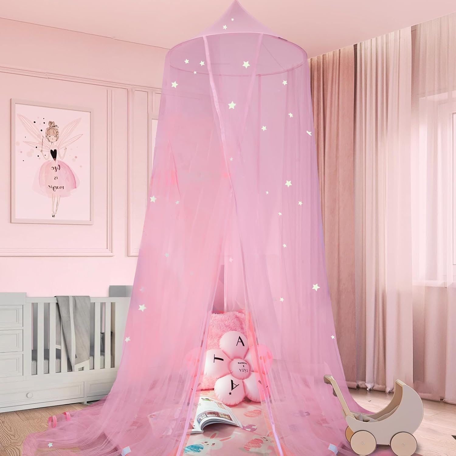 MACEVIA Toldo de cama para niñas, toldo de princesa con estrellas brillantes, toldo de decoración de guardería para cama de niños, cama de bebé,