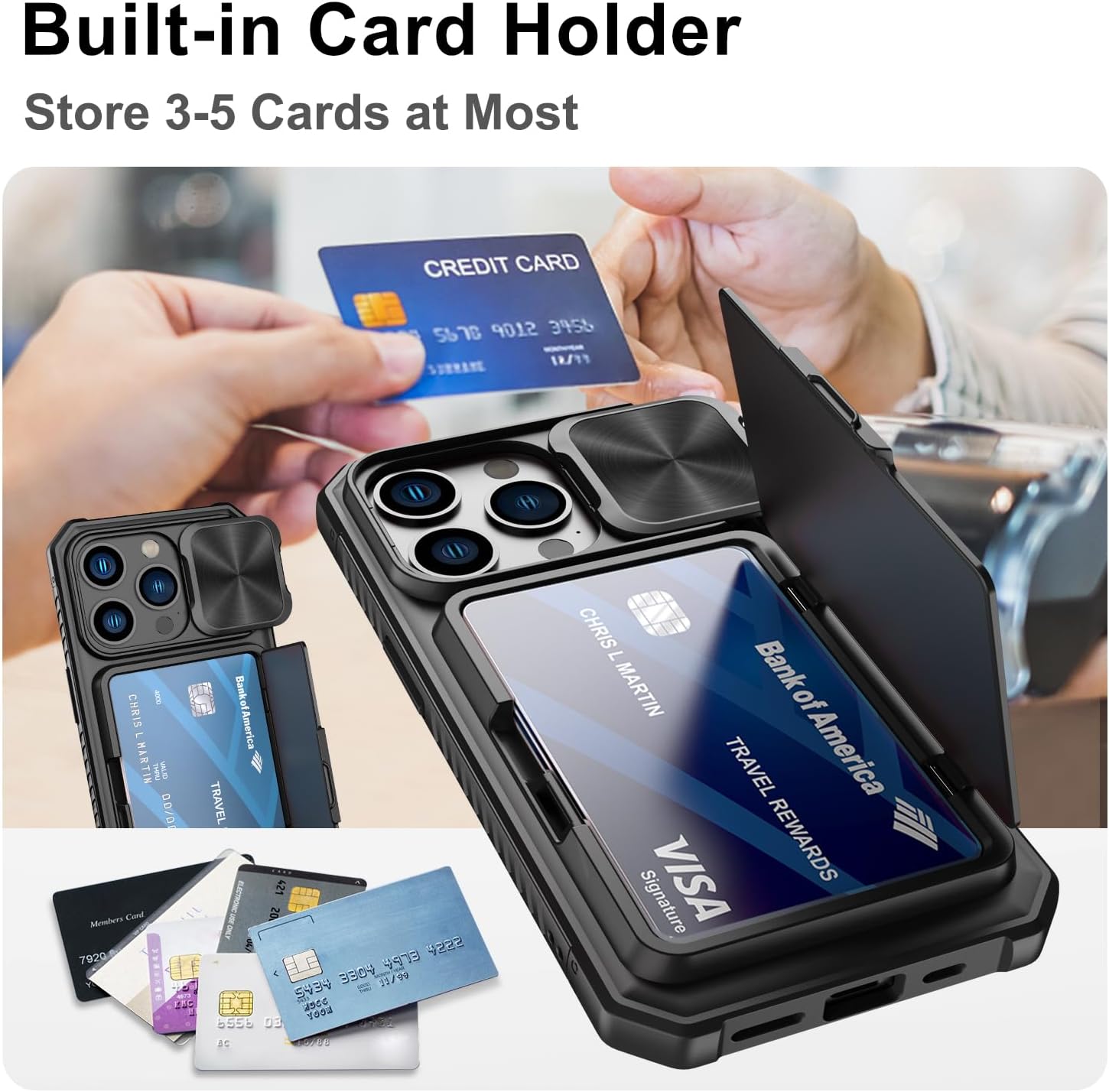 Funda tipo cartera para iPhone 15 Pro con tarjetero (4-5 tarjetas) y cubierta deslizante para cámara y soporte, protección contra caídas de grado