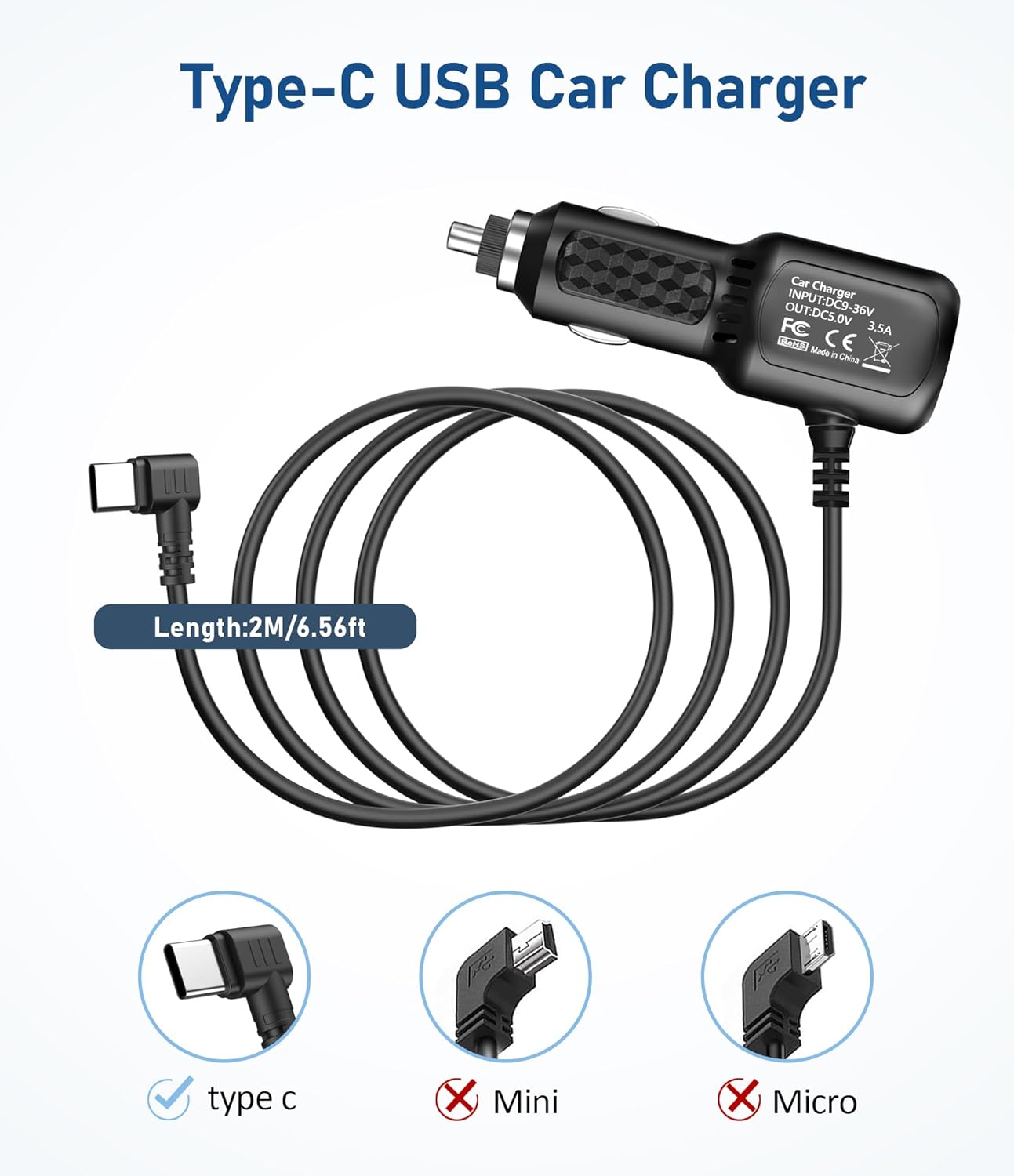 Cargador de cámara de salpicadero USB C, cable de alimentación USB tipo C, cargador de automóvil USB C, adaptador de corriente USB de doble puerto,