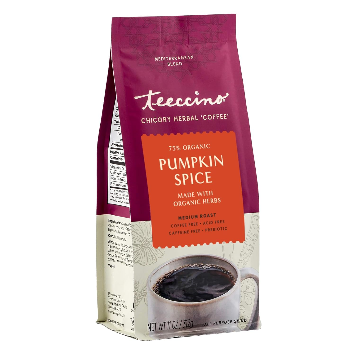 Teeccino Alternativa de café de achicoria  Especias de calabaza  La bebida caliente favorita del otoño que es prebiótica, sin cafeína y sin ácidos,