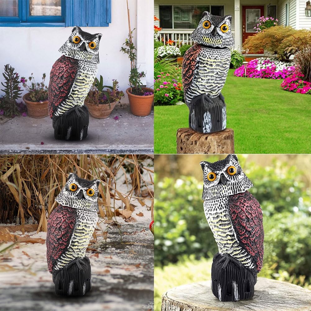Paquete de 2 estatuas de búho falso con cabeza móvil y sonido búhos de jardín para asustar a los pájaros, búho de plástico para jardín al aire libre