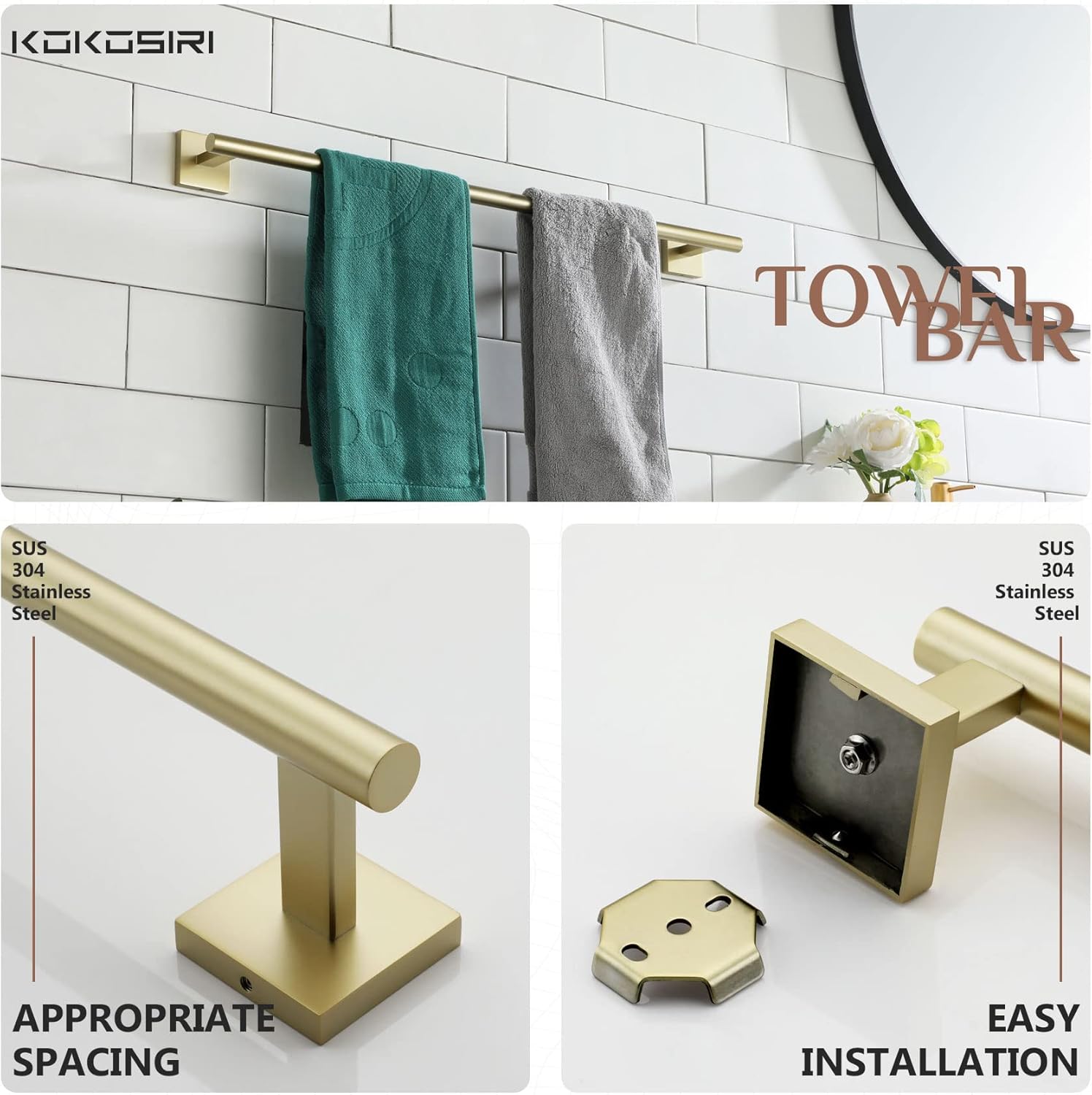 KOKOSIRI Juego de accesorios de baño de 5 piezas que incluye toallero de 24 pulgadas, soporte para toallas de 10 pulgadas, soporte para papel