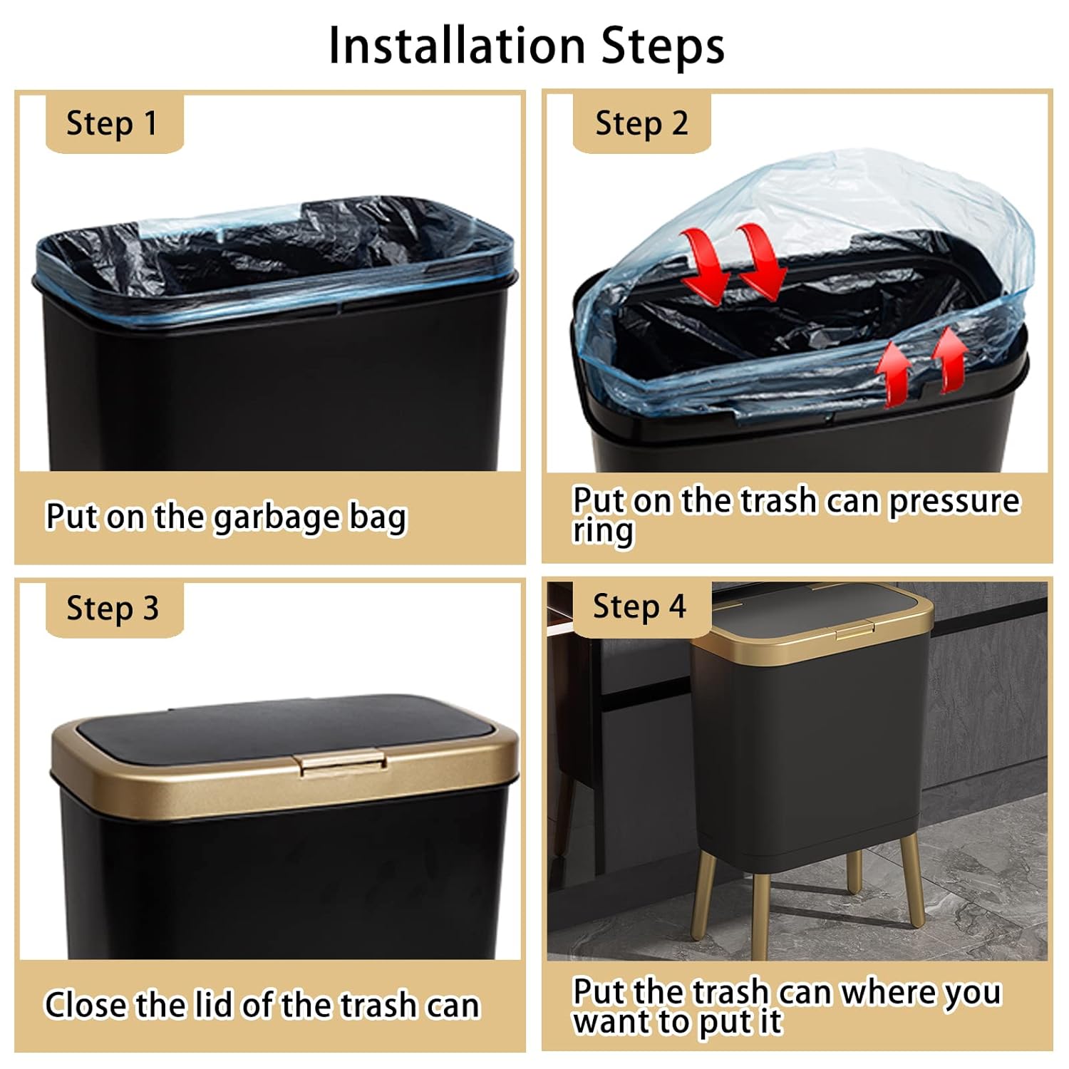 URALFA Basurero de cocina con tapa, bote de basura delgado negro con borde dorado, moderno cubo de basura de plástico para dormitorio, sala de
