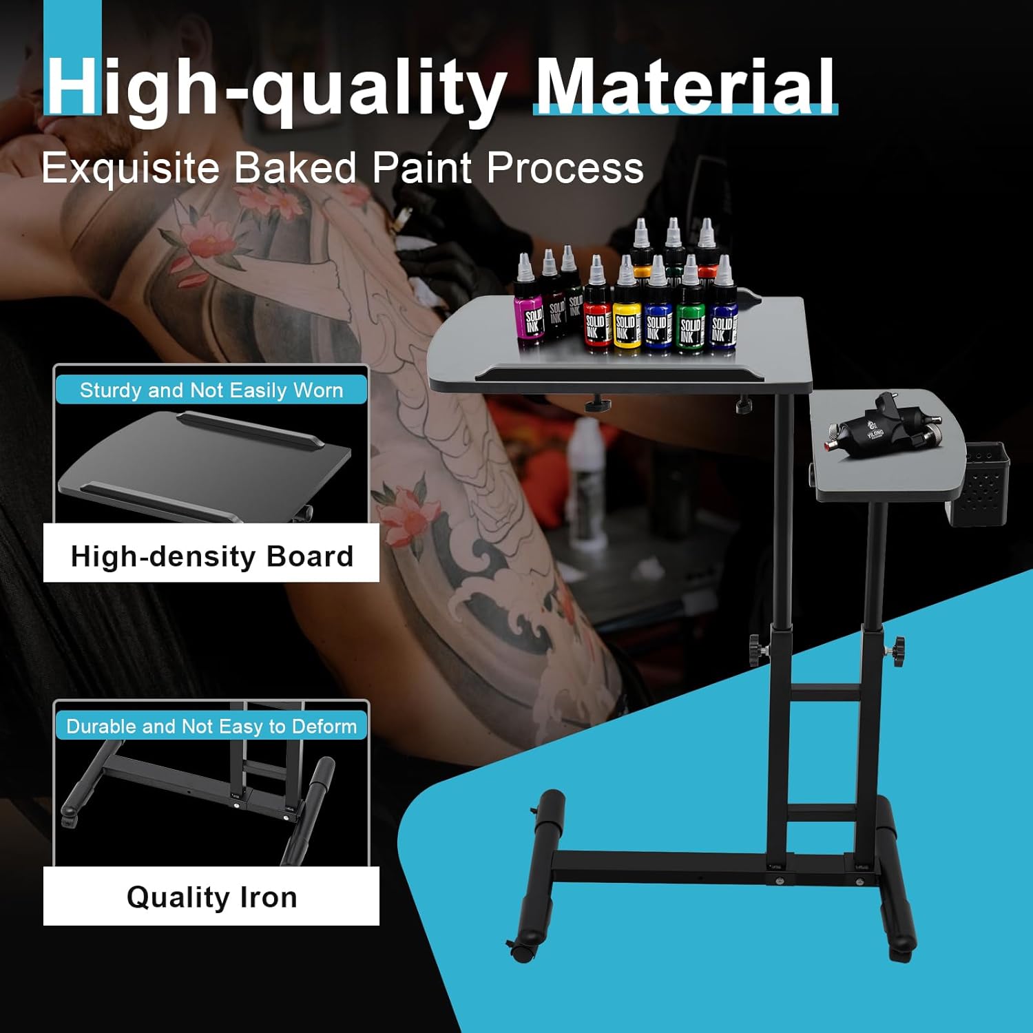 CNCEST Estación de trabajo portátil de tatuajes móviles para reposabrazos, mesa de trabajo con ruedas universales, altura ajustable
