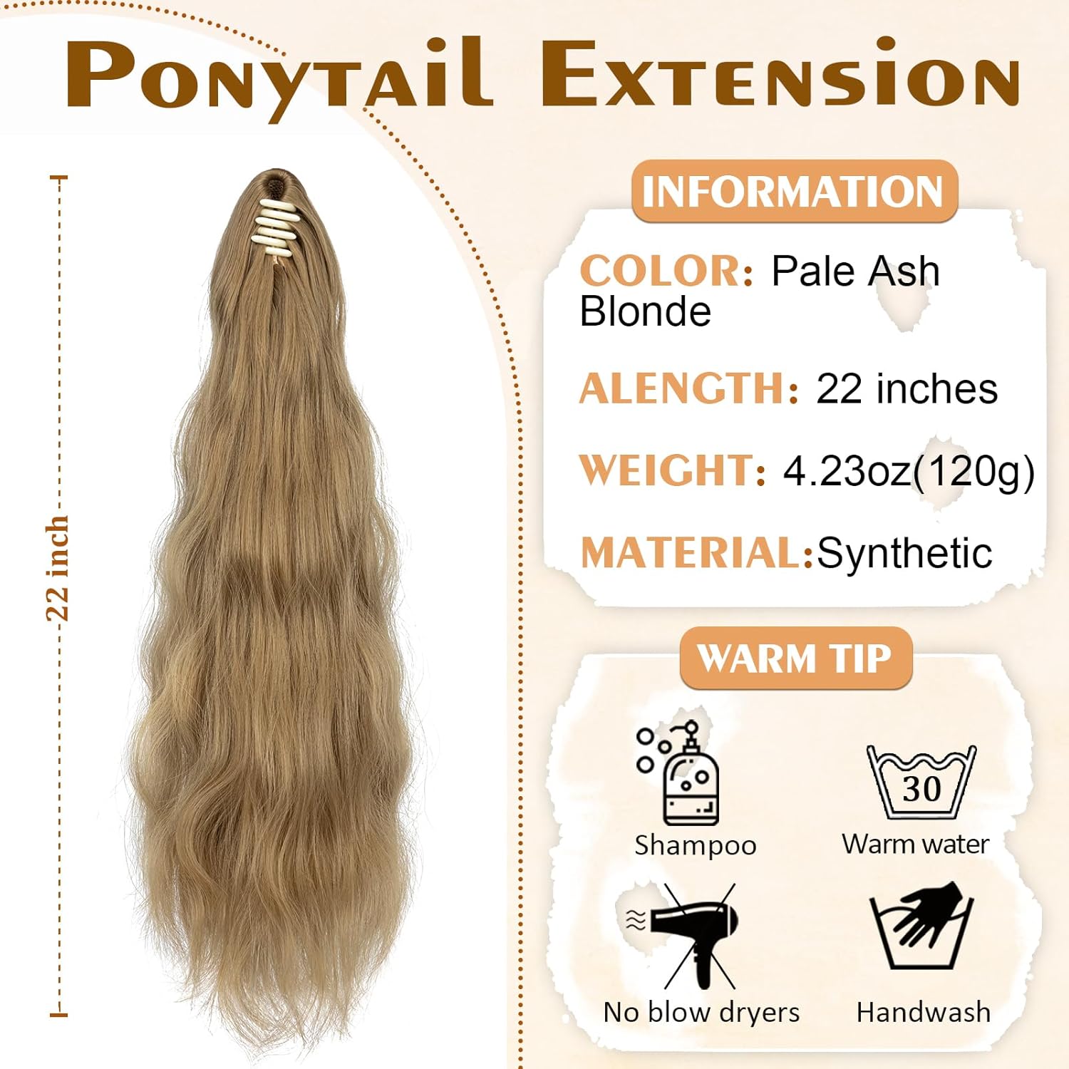 Extensión de cola de caballo de 22 pulgadas, extensiones de cola de caballo sintéticas de aspecto natural, extensiones de cabello sintético para