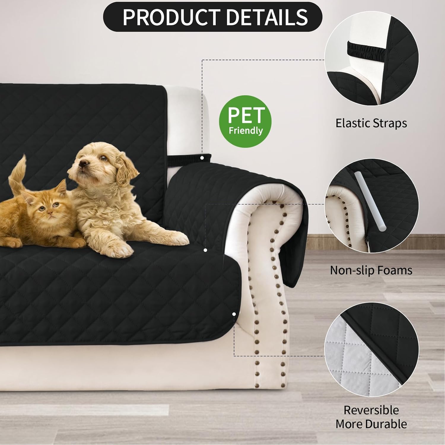 Fandyacke Fundas reversibles para sofá, protector de muebles para perros (sofá, negrogris)