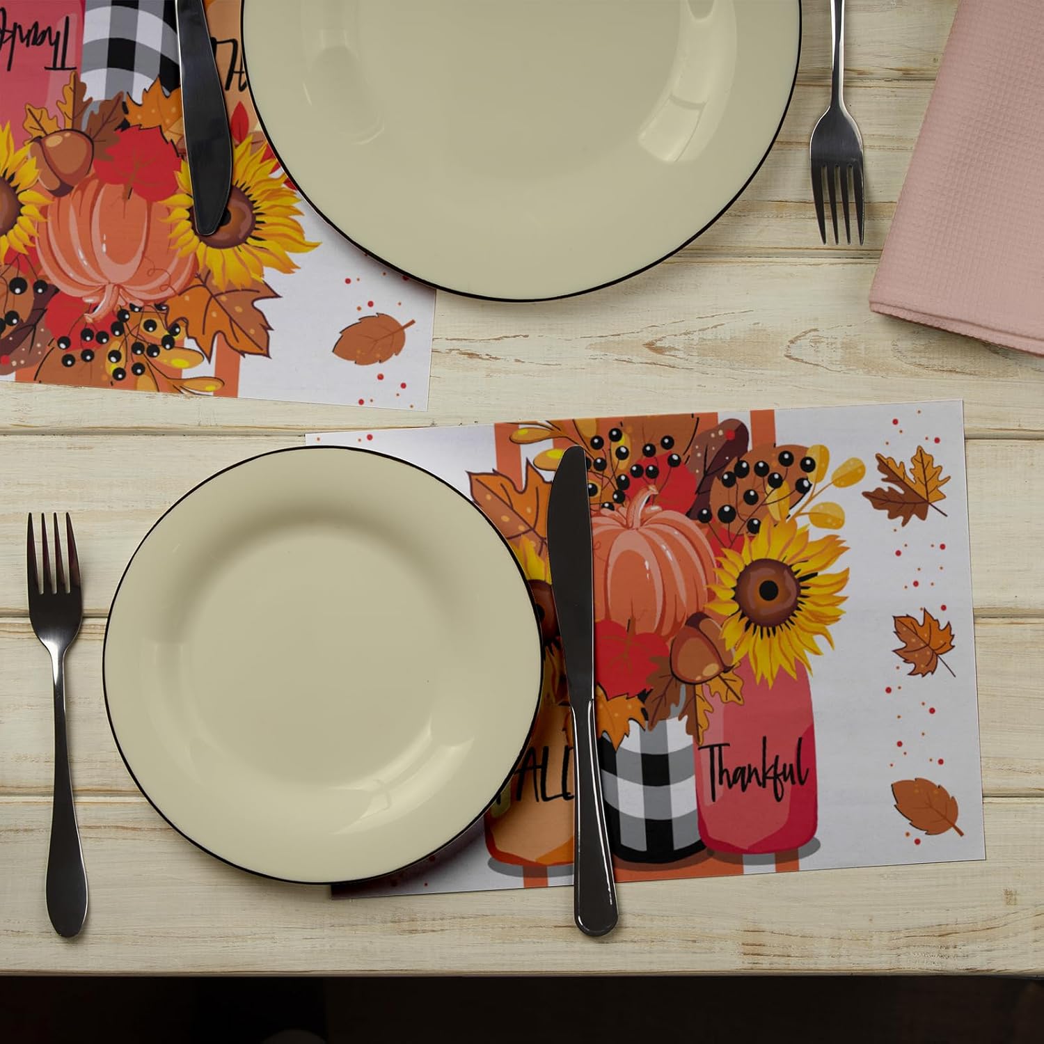 Juego de 4 manteles individuales con texto en inglés Hello Fall, crisantemo en frasco, cosecha de temporada, granja, Acción de Gracias, cocina,