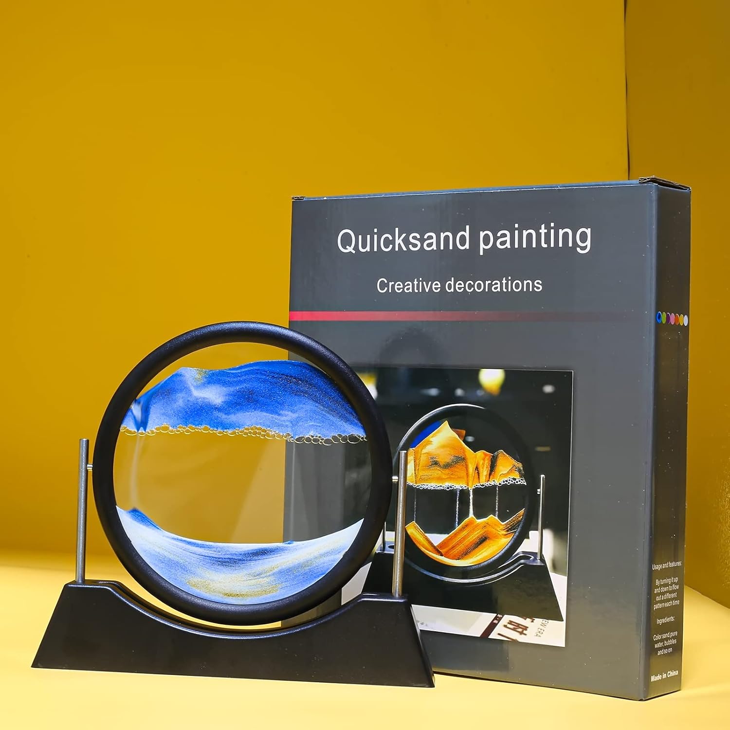 Liangding Moving Sand Art Liquid Motion,3D Flow Sand Painting Quicksand Decor,Stress Relief Moving Sand Art Picture with Round Glass for Office Home