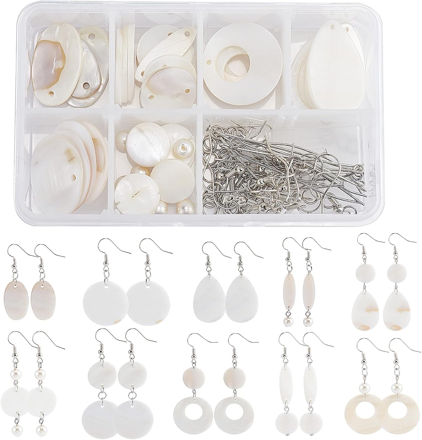 SUNNYCLUE 1 caja de bricolaje 10 pares de aretes de concha, incluye colgantes ovalados planos redondos de lágrima, cuentas de perlas de cristal,