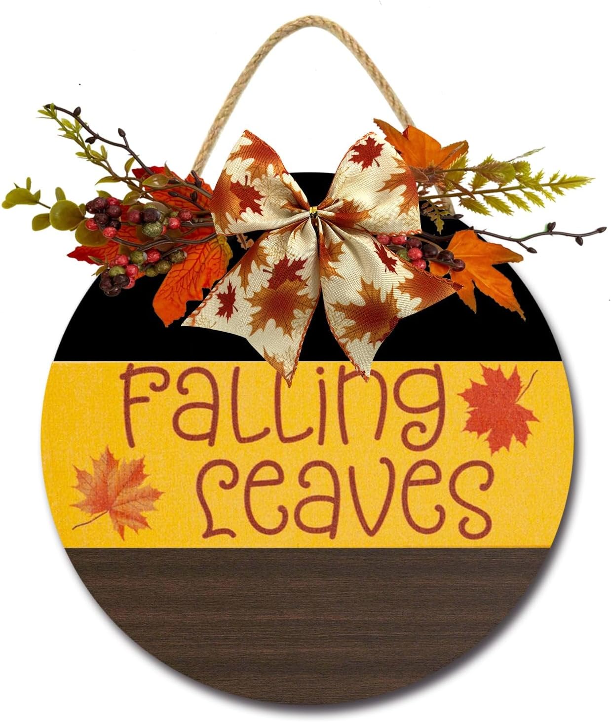 Letrero de hojas de otoño para puerta delantera, coronas divertidas, decoración de placa de madera rústica, redonda, decoración de porche de madera