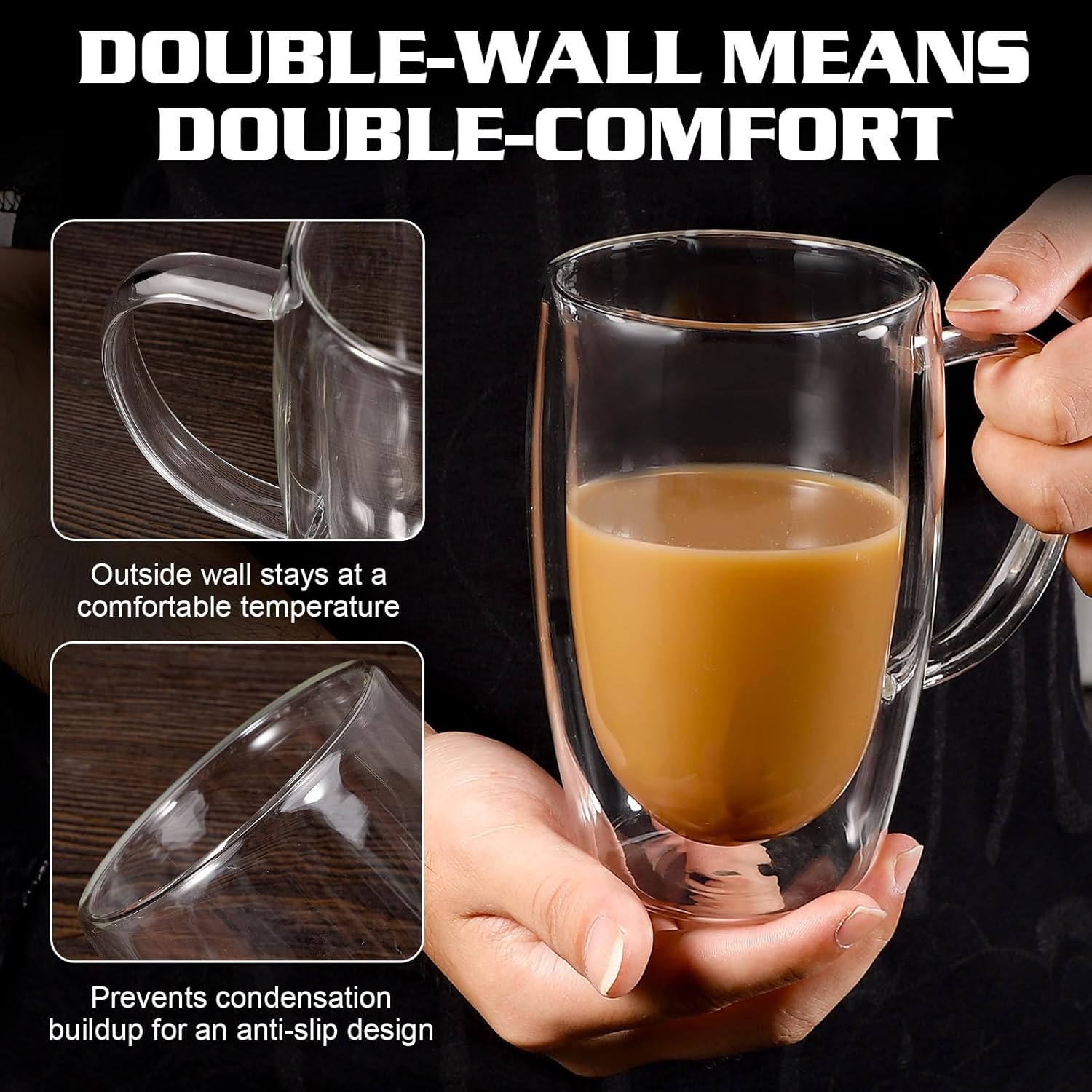 EYE4TECHS Juego de 2 tazas de café redondas con aislamiento de doble pared de vidrio transparente, tamaño grande de 16 onzas, la mejor taza de café