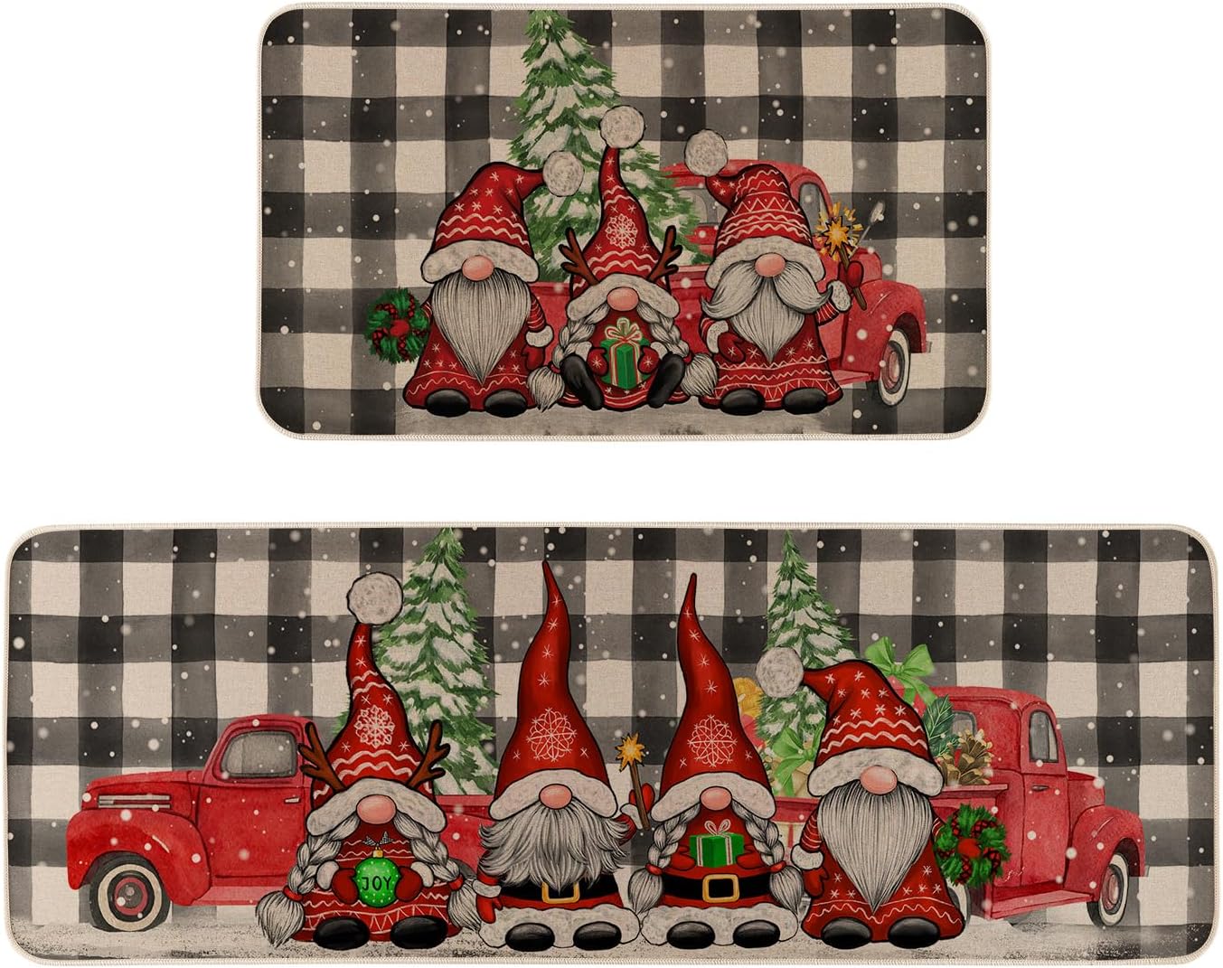 Juego de 2 alfombras de cocina de gnomo de Navidad con diseño de búfalo navideño, tapete de goma antideslizante para puerta de bienvenida para el