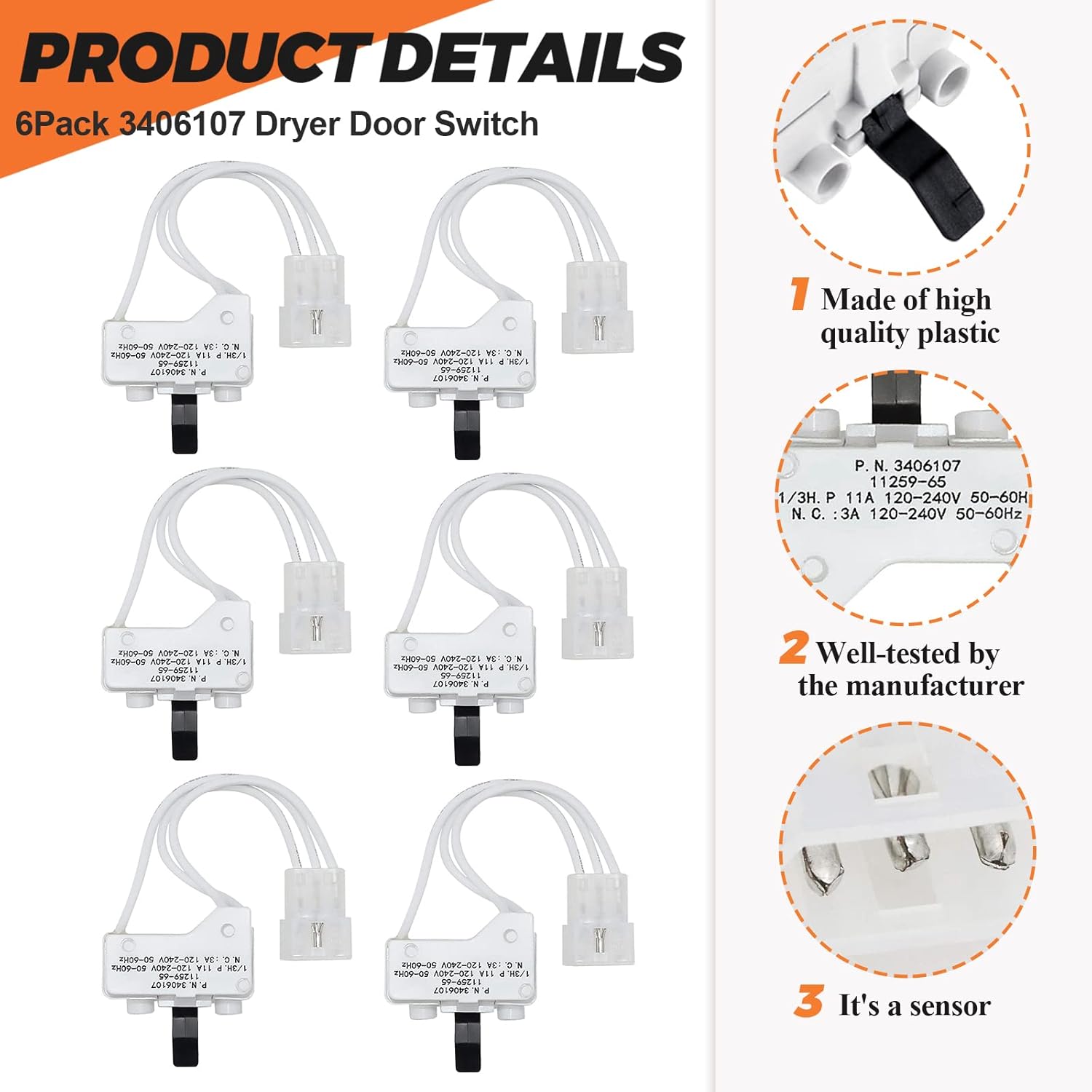 Beaquicy – Interruptor para puerta de secadora 3406107, repuesto para secadora Whirlpool, Ken-more, Roper, Amana, Crosley (paquete de 6)