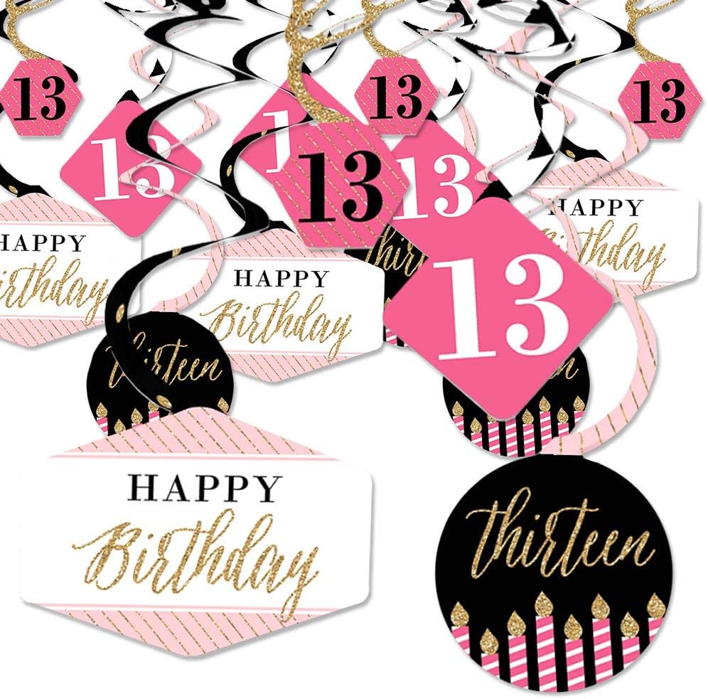 Big Dot of Happiness Elegante 13 cumpleaños – rosa, negro y dorado – Remolinos decorativos colgantes para fiesta – Juego de 40