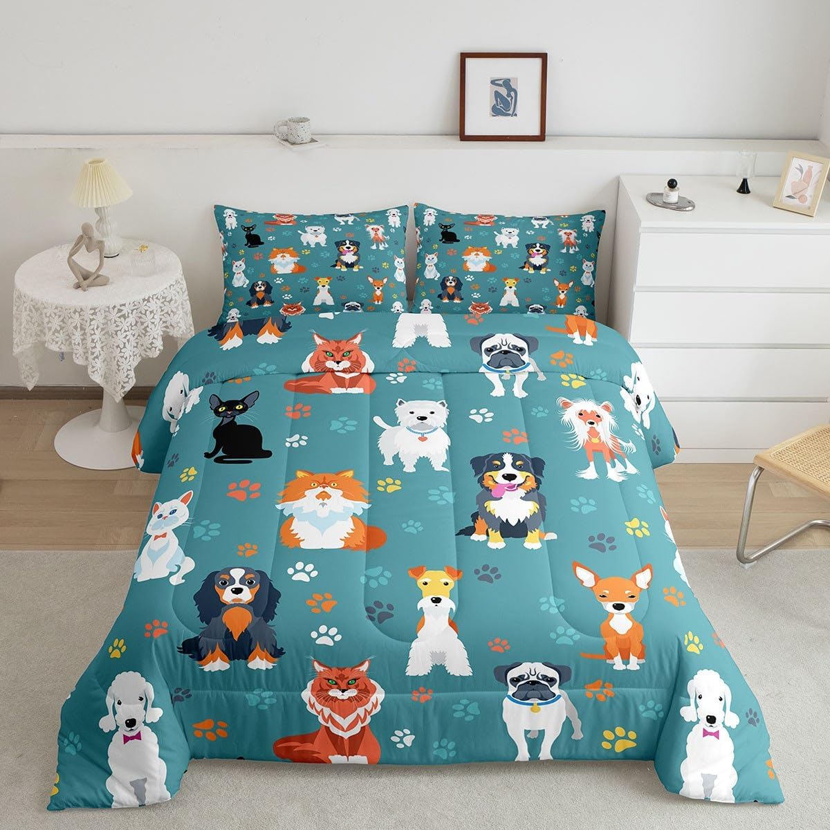 Juego de edredón lindo de perro y gato, tamaño matrimonial, juego de ropa de cama colorido con estampado de patas de cachorro, 3 piezas para niños y