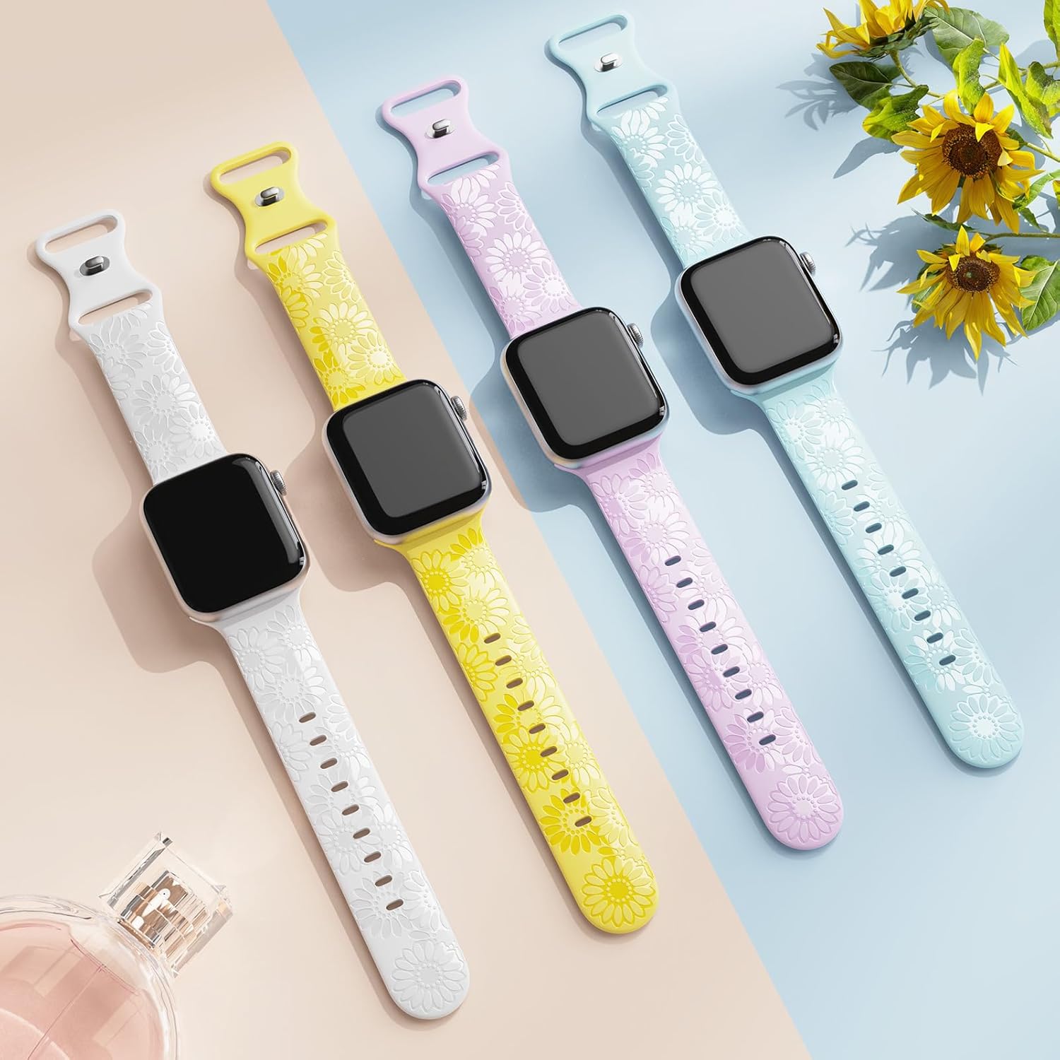 Paquete de 4 correas grabadas de girasol compatibles con Apple Watch Band de 1.575 pulgadas, 1.614 pulgadas, 1.496 pulgadas, 1.654 pulgadas, 1.732