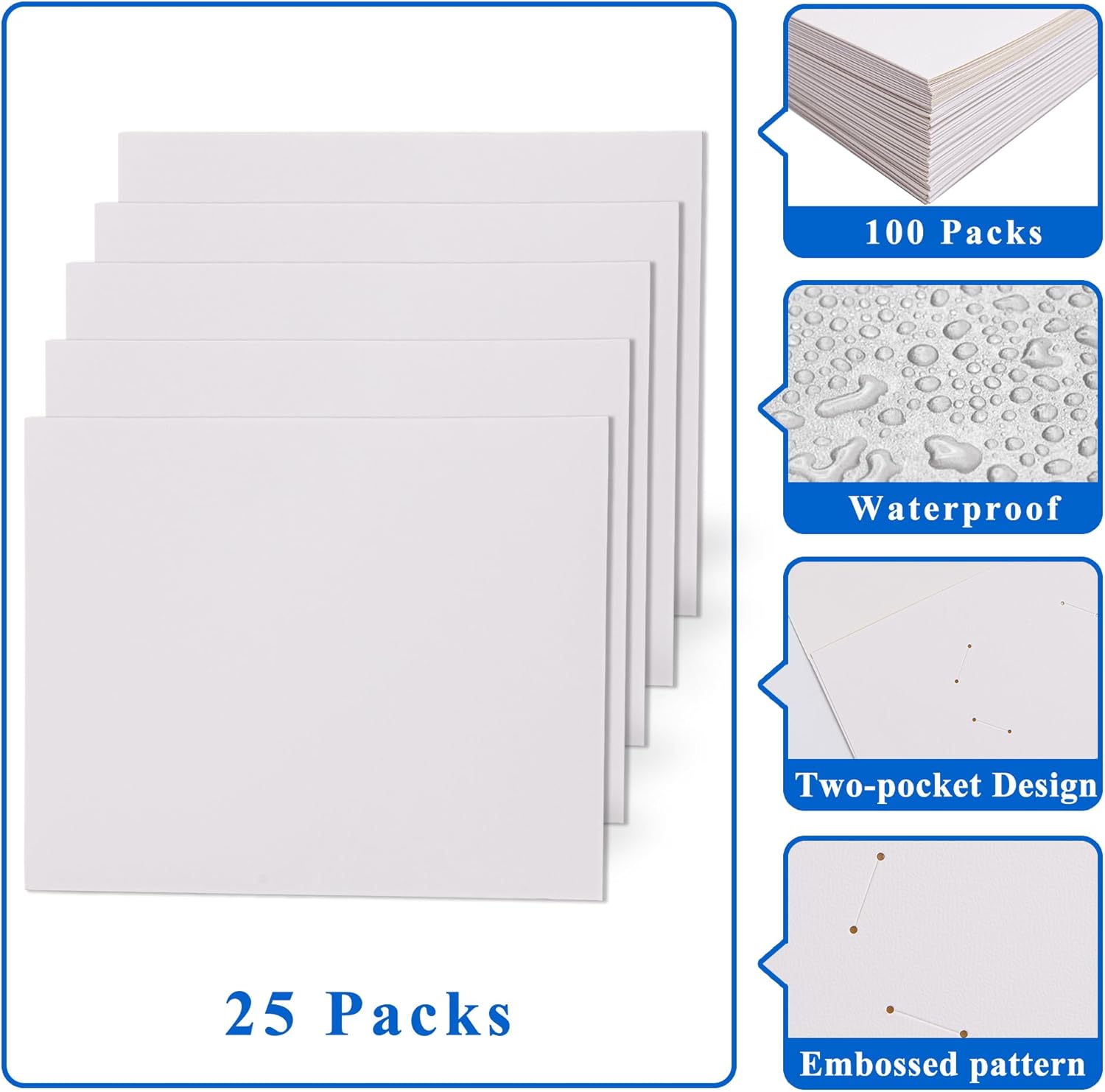 Paquete de 25 carpetas de archivos de dos bolsillos con ranura para tarjetas de visita, papel texturizado, tamaño carta, capacidad para 100 hojas
