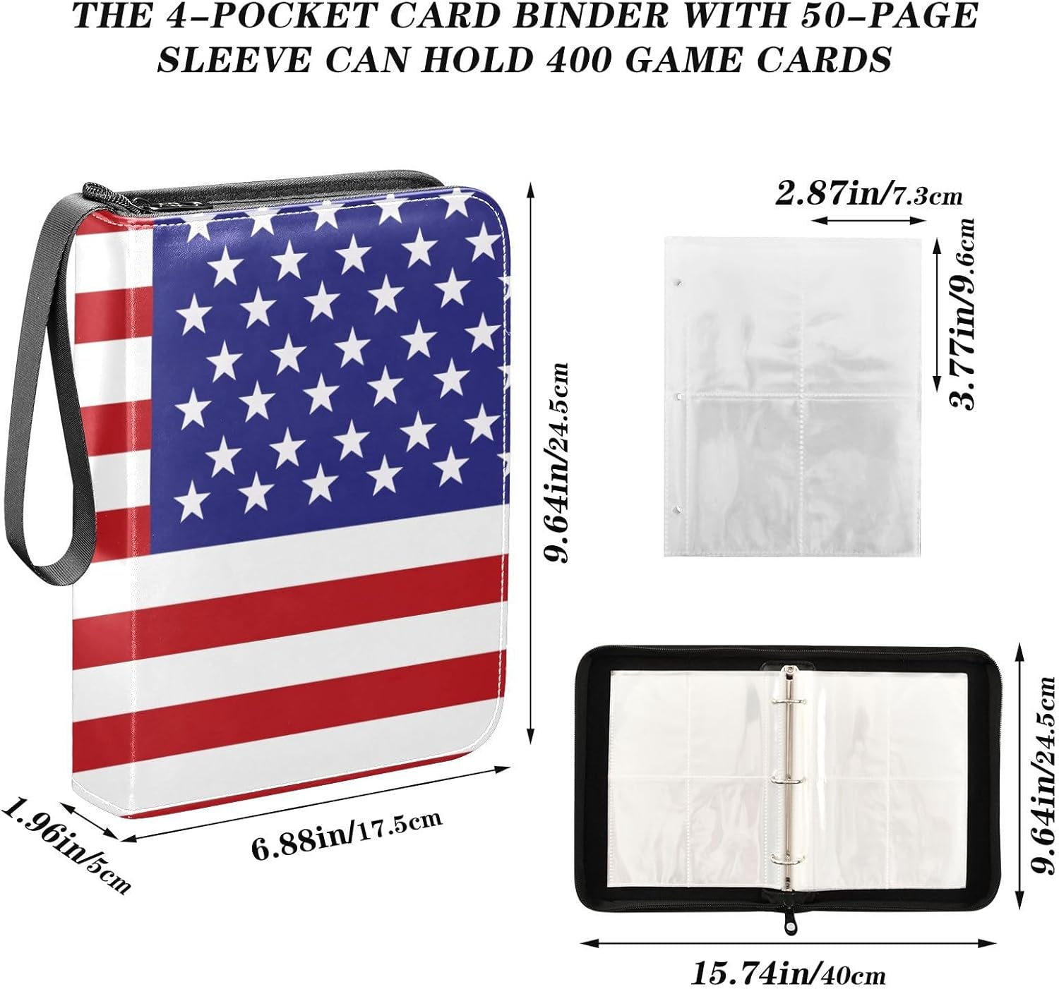 Carpeta de tarjetas coleccionables de Estados Unidos con 4 bolsillos con 50 fundas extraíbles, carpeta de álbumes de tarjetas de 3 anillos con
