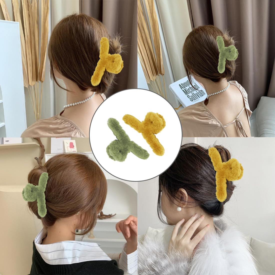 Paquete de 2 pinzas para el pelo de felpa, pinzas grandes de medio moño mullidas para cabello grueso y fino, lindo antideslizante y esponjoso para