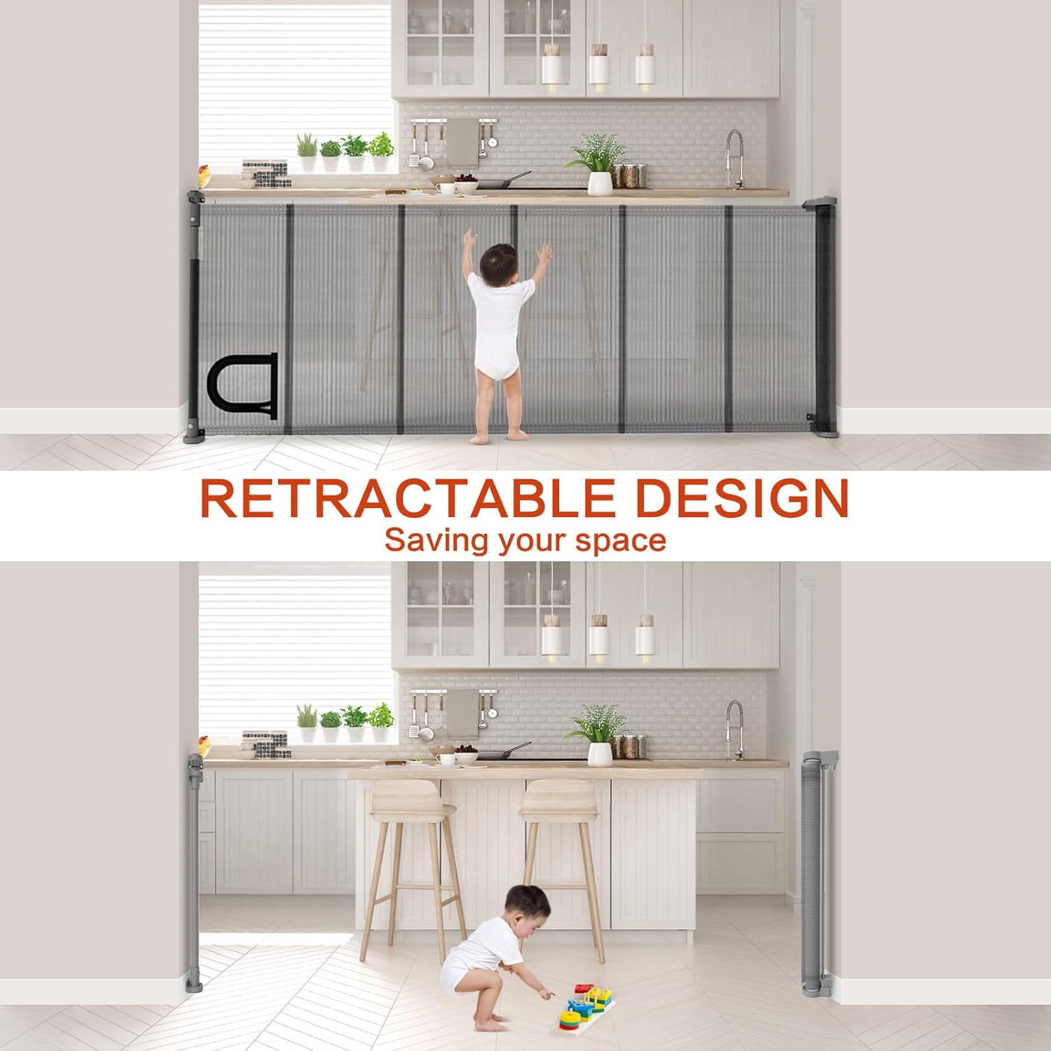 Puertas retráctiles para bebés 2.0, 34 pulgadas de alto, se expanden hasta 70 pulgadas de ancho, puerta de malla extra ancha para bebés con puerta