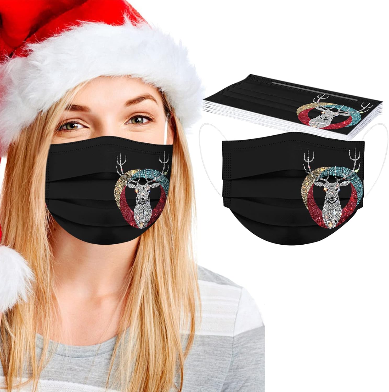 50 cubrebocas desechables de invierno para adultos, 3 capas con alambre para la nariz, diseño de copos de nieve, Papá Noel, renos