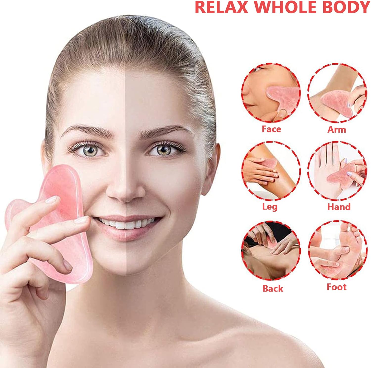 Gua Sha Stone, herramienta Guasha de cuarzo rosa para masaje facial y corporal de piel, herramienta diaria antienvejecimiento para la salud y el