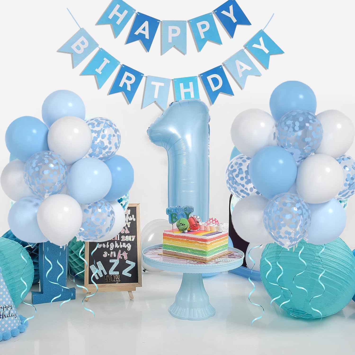 Globos de color azul y blanco bebé y 1 globo de 40 pulgadas, decoraciones de primer cumpleaños para niño con globos de confeti azul y blanco,