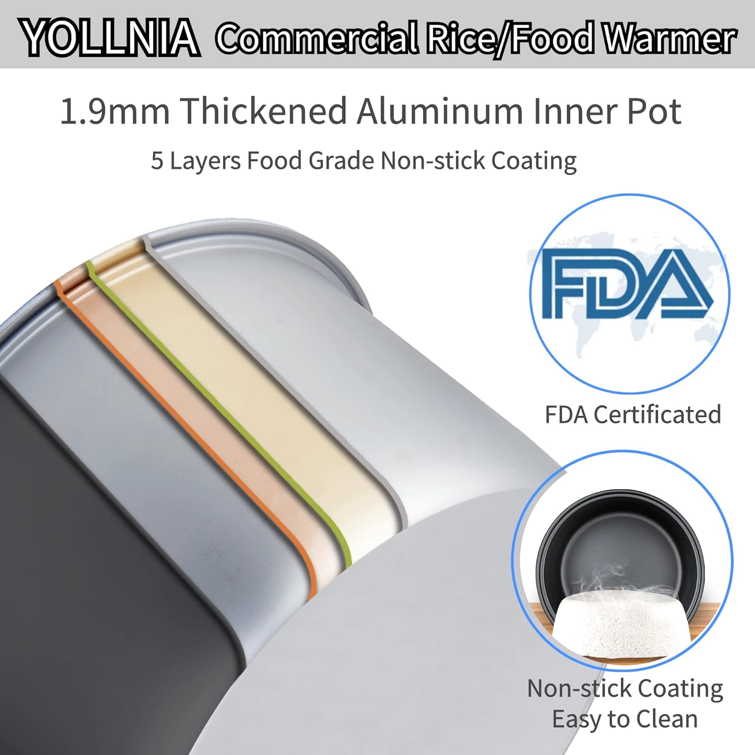 YOLLNIA Calentador de arroz comercial (no es una cocina) portátil de 18.1 cuartos de galón  100 tazas de alimentos y arroz  122  – 178  temperatura