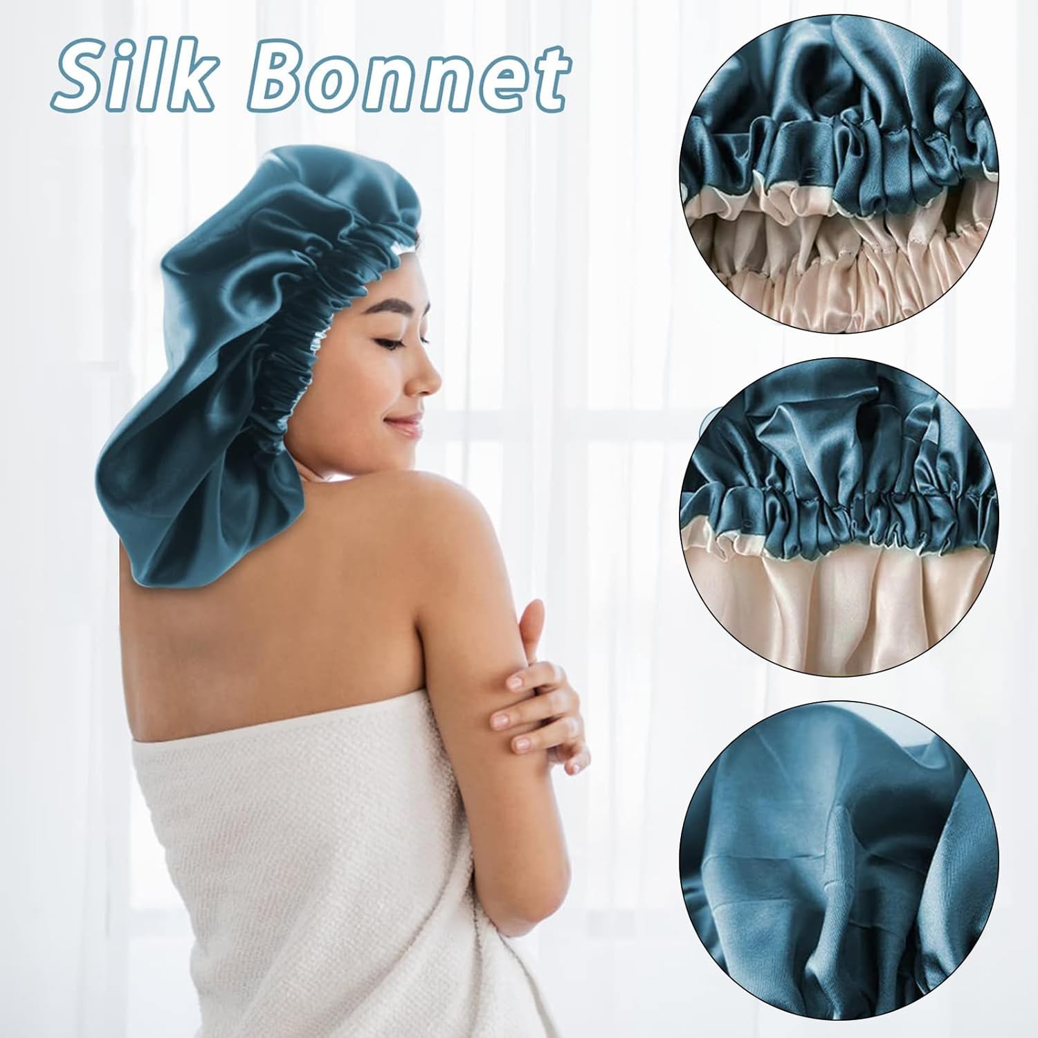 Harewu Gorro de satén de seda para dormir, gorra grande ajustable de satén de seda para el cabello