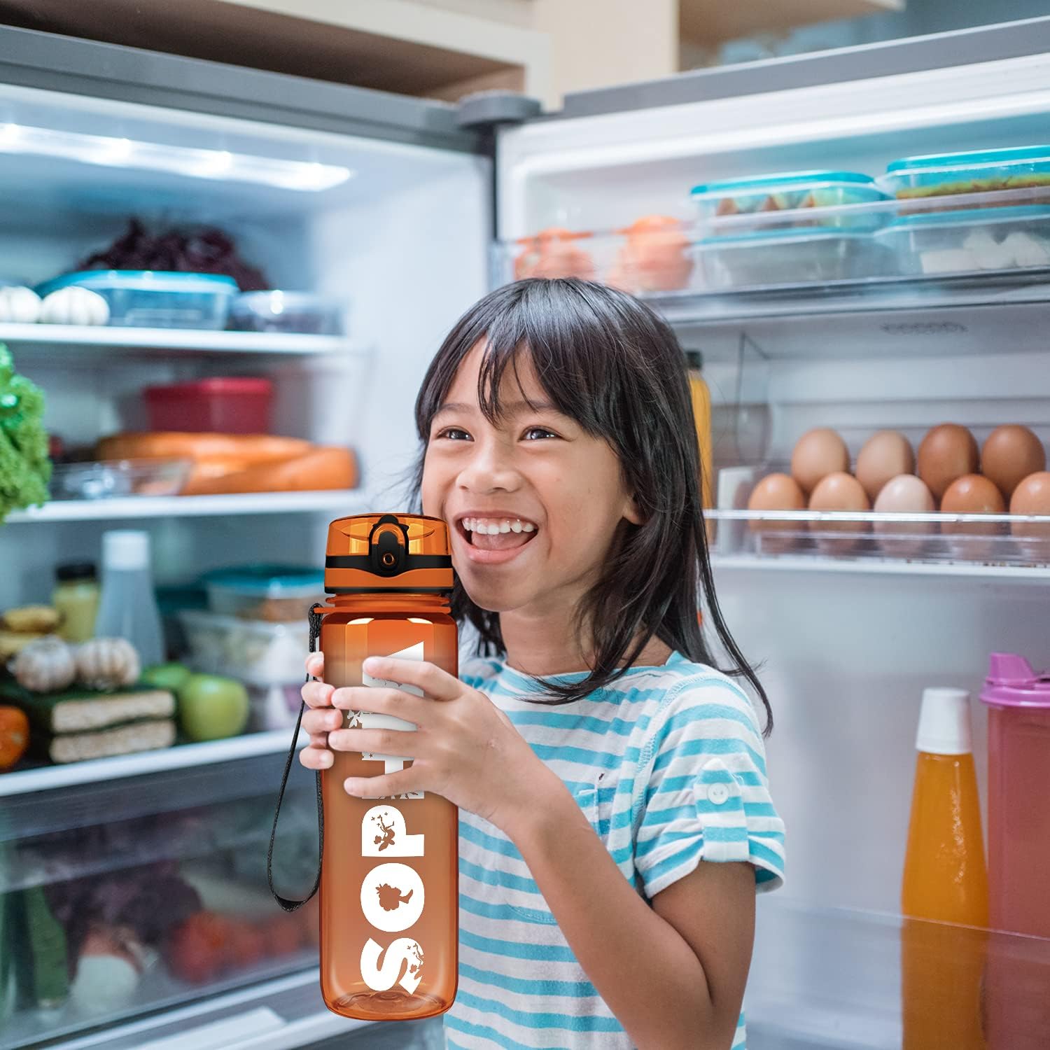 Botella de agua personalizada para niños, naranja brillante, 32 onzas, motivacional, fitness, deportes, con marcador de tiempo, boca ancha, a prueba